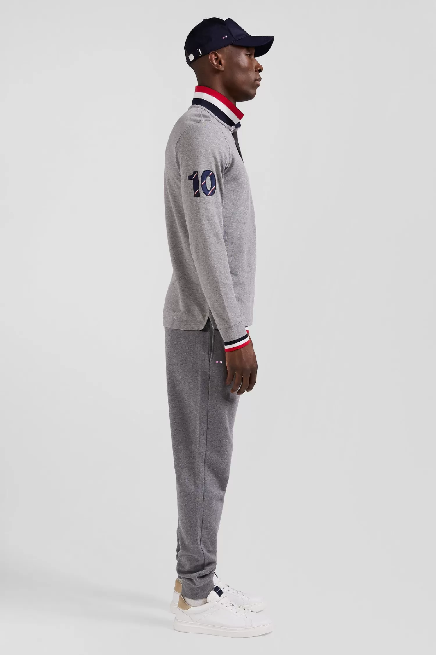 Eden Park Regular grey long-sleeved cotton piqué polo shirt with XV de France embroidery< Polos
