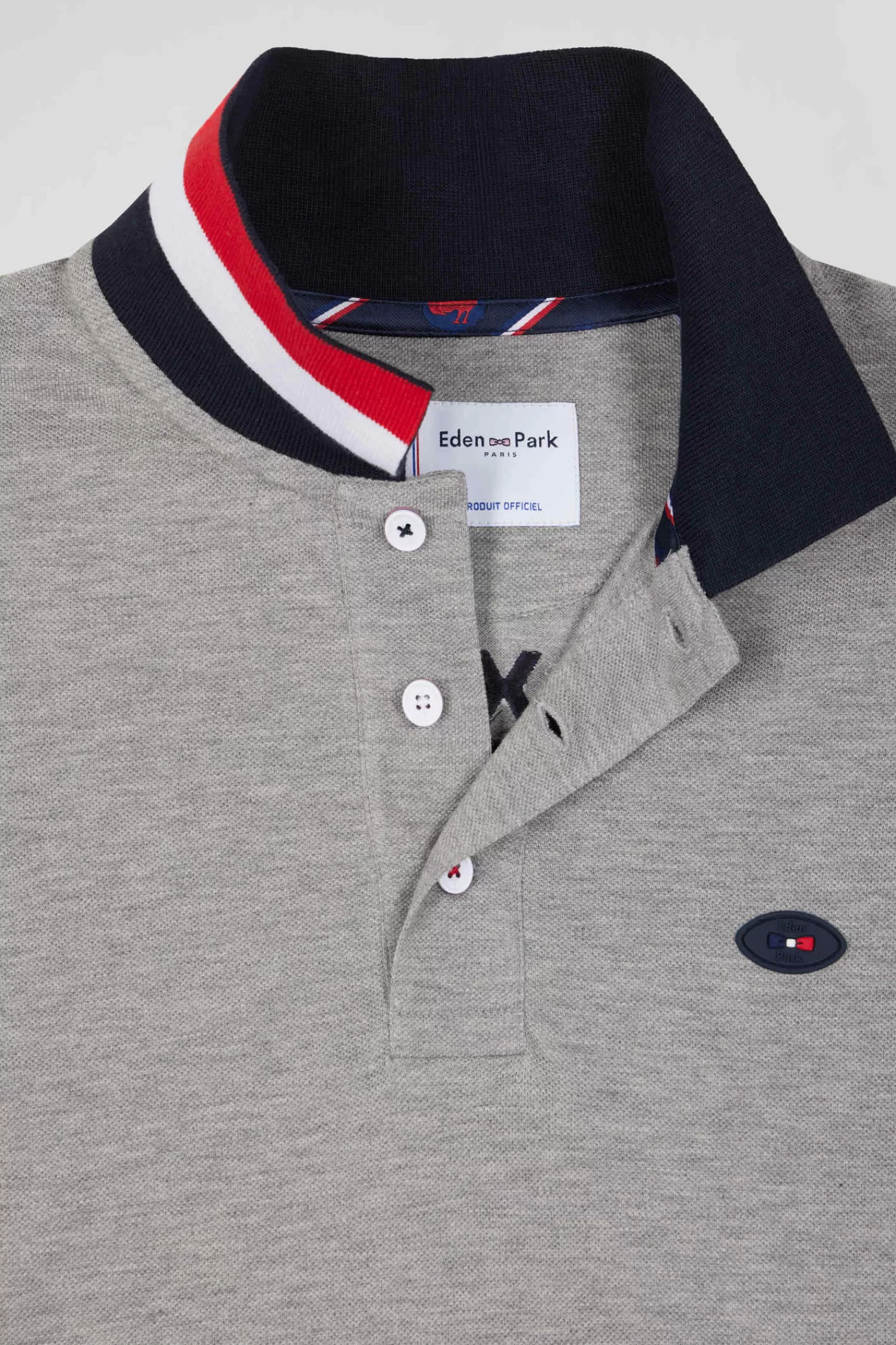 Eden Park Regular grey long-sleeved cotton piqué polo shirt with XV de France embroidery< Polos