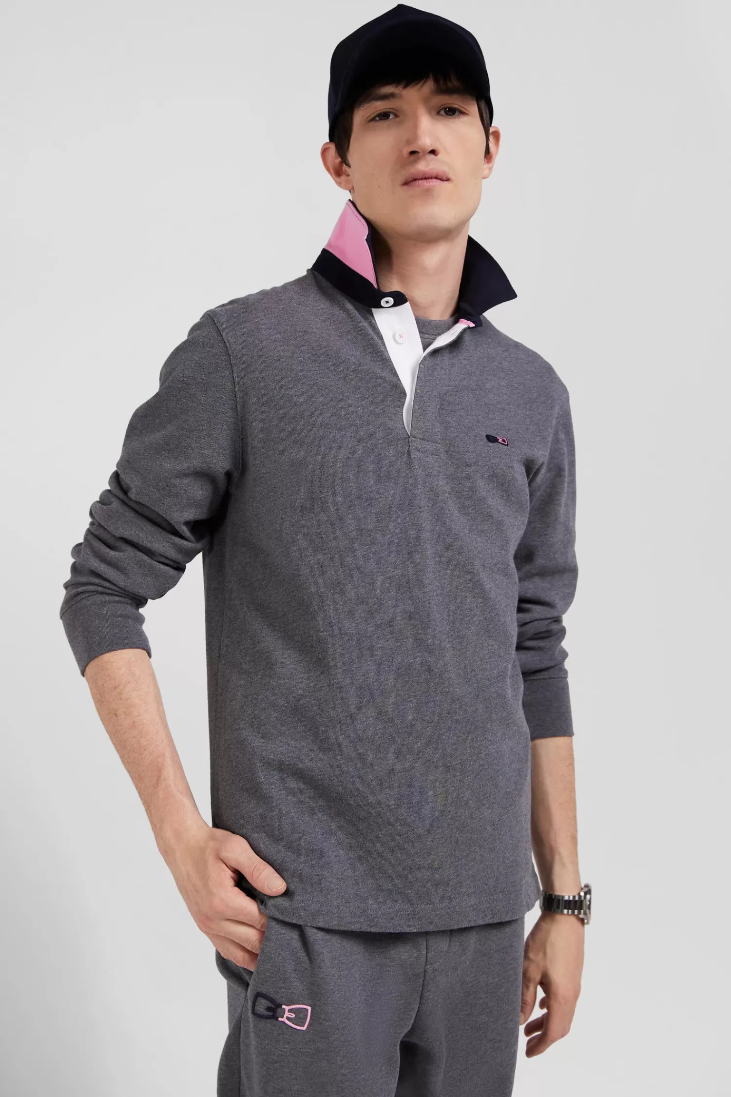 Eden Park Regular grey long-sleeved cotton rugby shirt with bow tie details< Rugby Shirts
