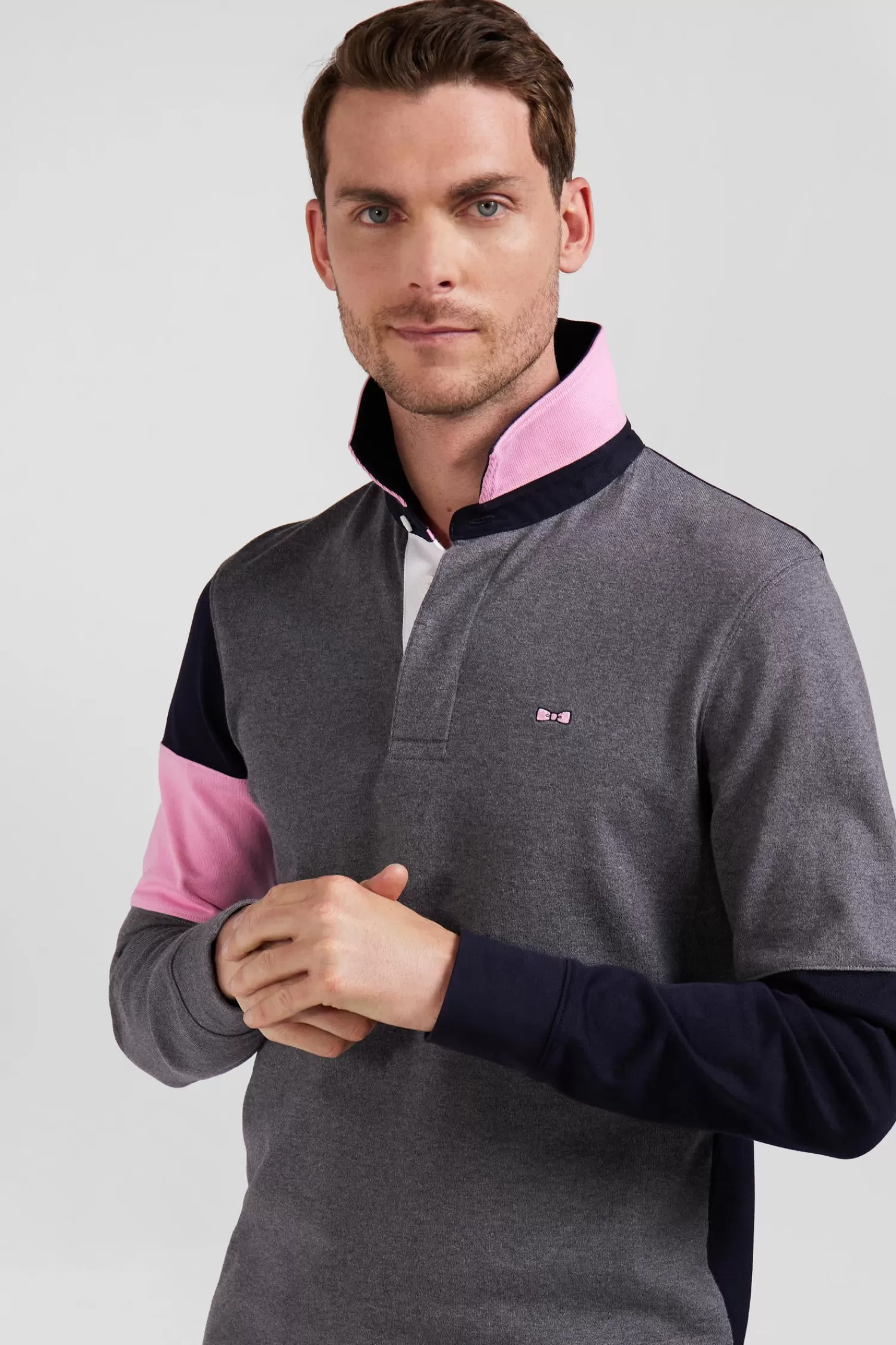 Eden Park Regular grey long-sleeved cotton rugby shirt with tie fabric patchwork< Rugby Shirts