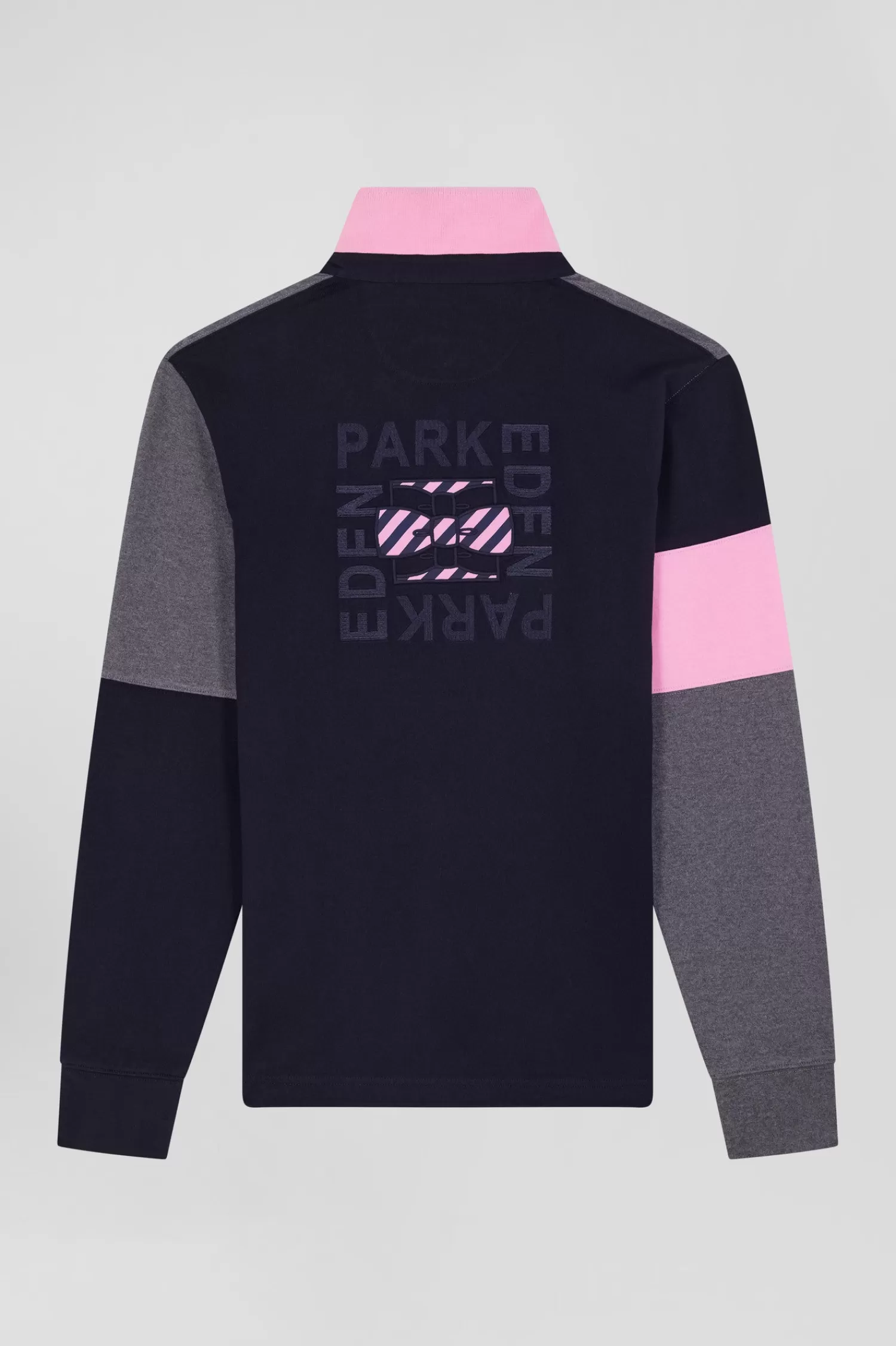 Eden Park Regular grey long-sleeved cotton rugby shirt with tie fabric patchwork< Rugby Shirts