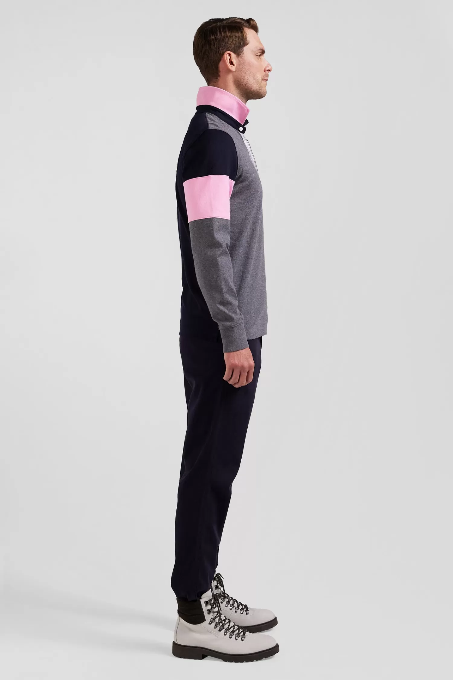 Eden Park Regular grey long-sleeved cotton rugby shirt with tie fabric patchwork< Rugby Shirts