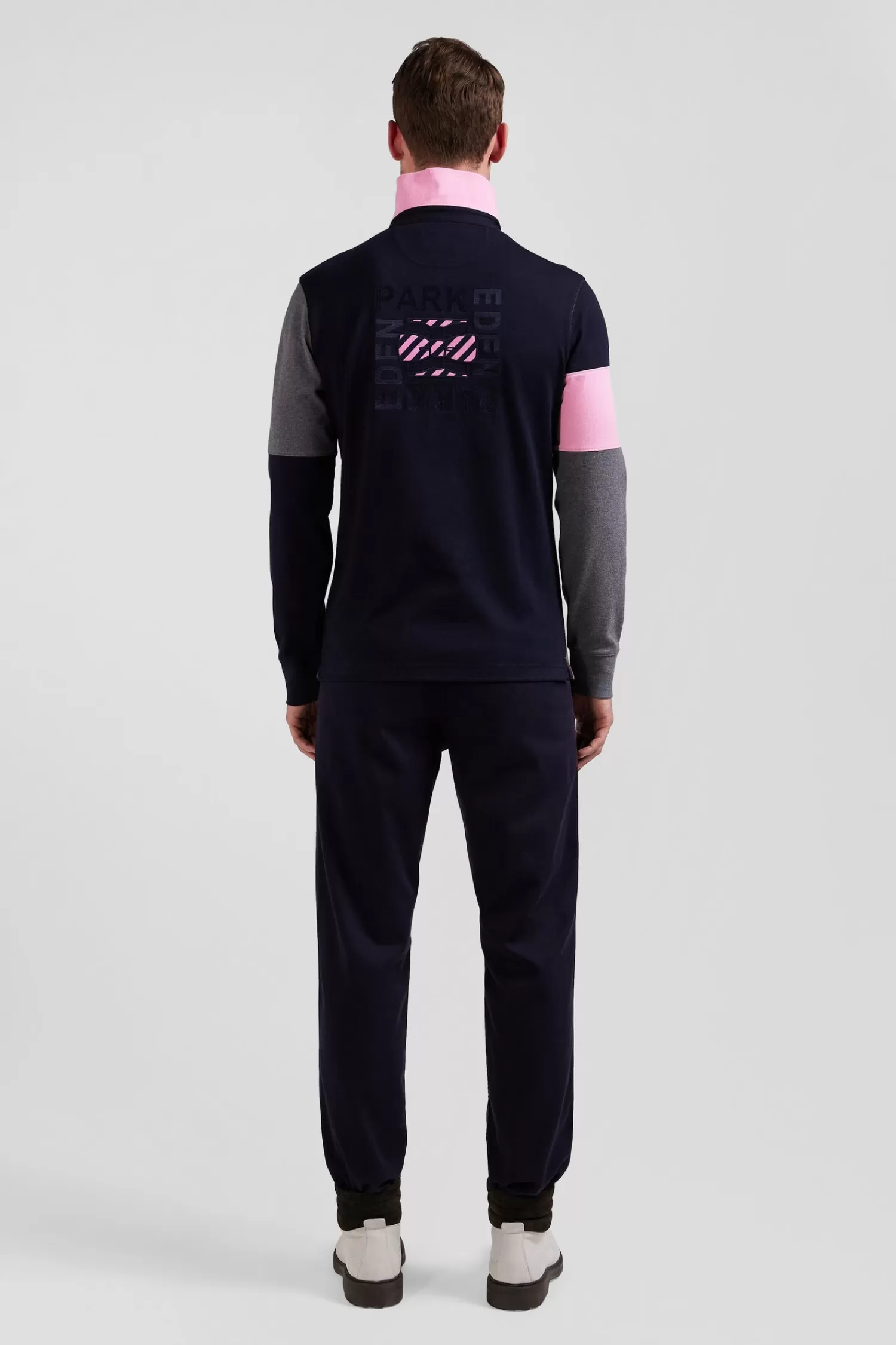 Eden Park Regular grey long-sleeved cotton rugby shirt with tie fabric patchwork< Rugby Shirts