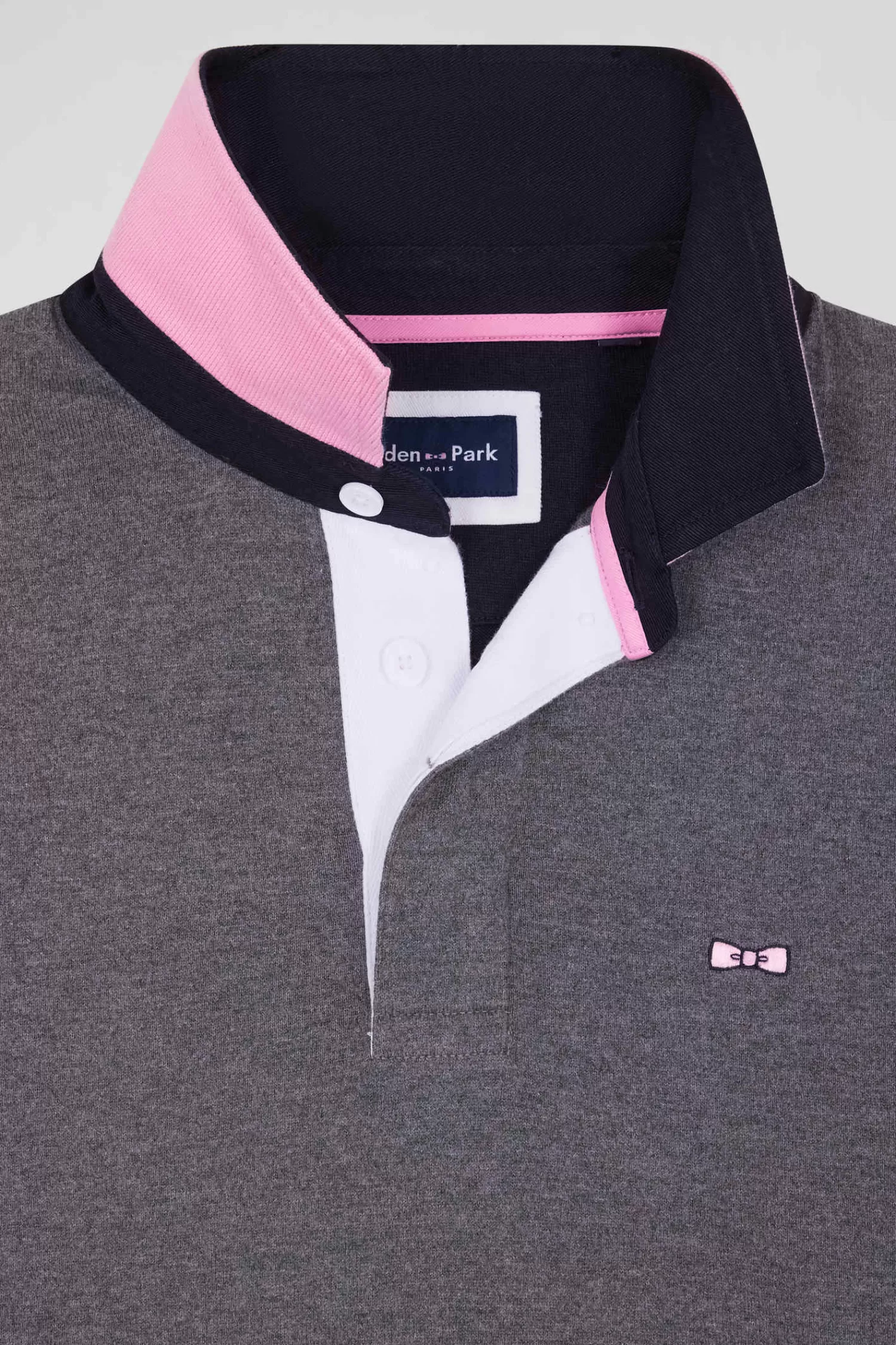 Eden Park Regular grey long-sleeved cotton rugby shirt with tie fabric patchwork< Rugby Shirts