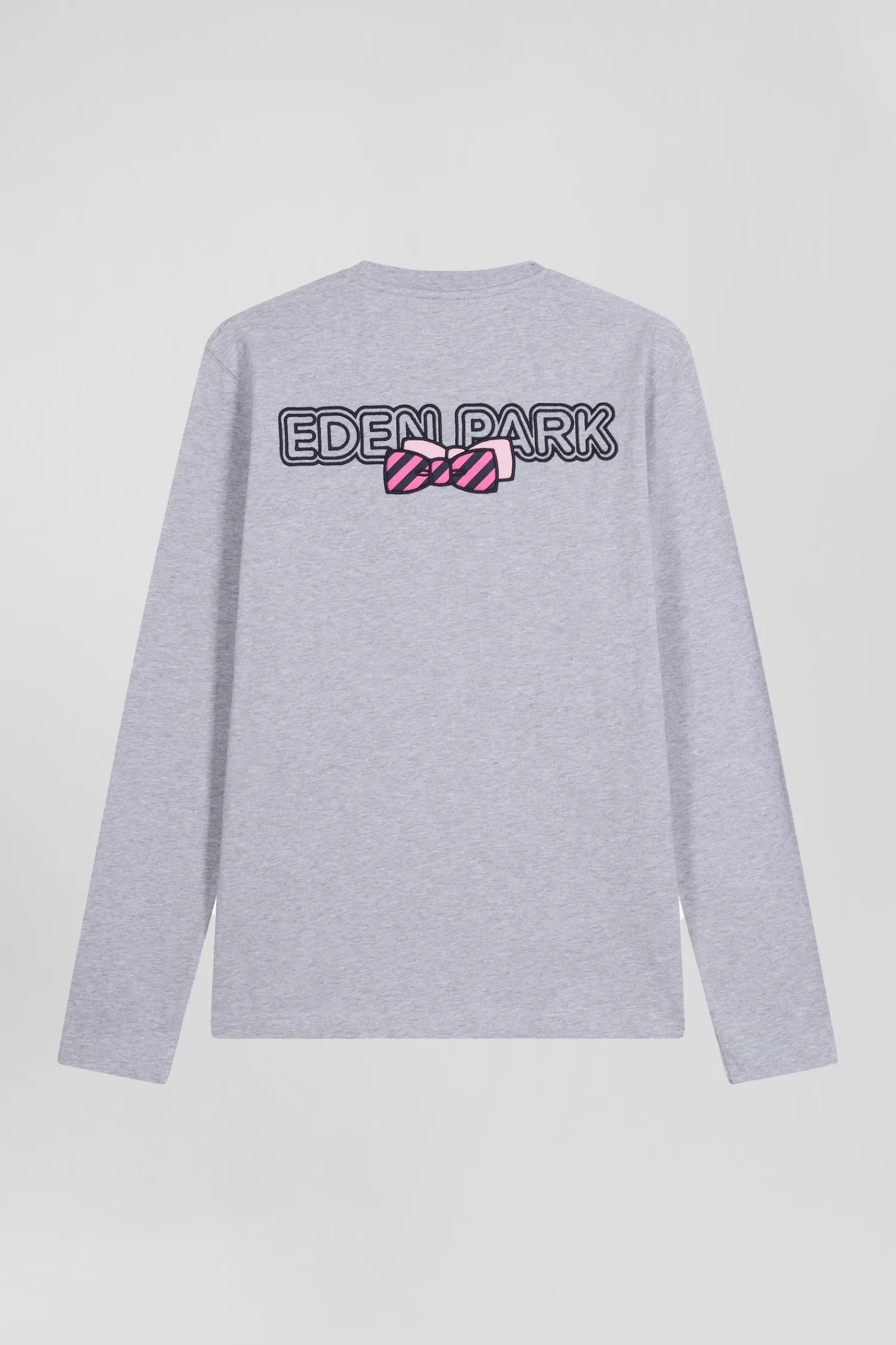 Eden Park Regular grey long-sleeved cotton T-shirt with striped bow tie embroidery< T-shirts