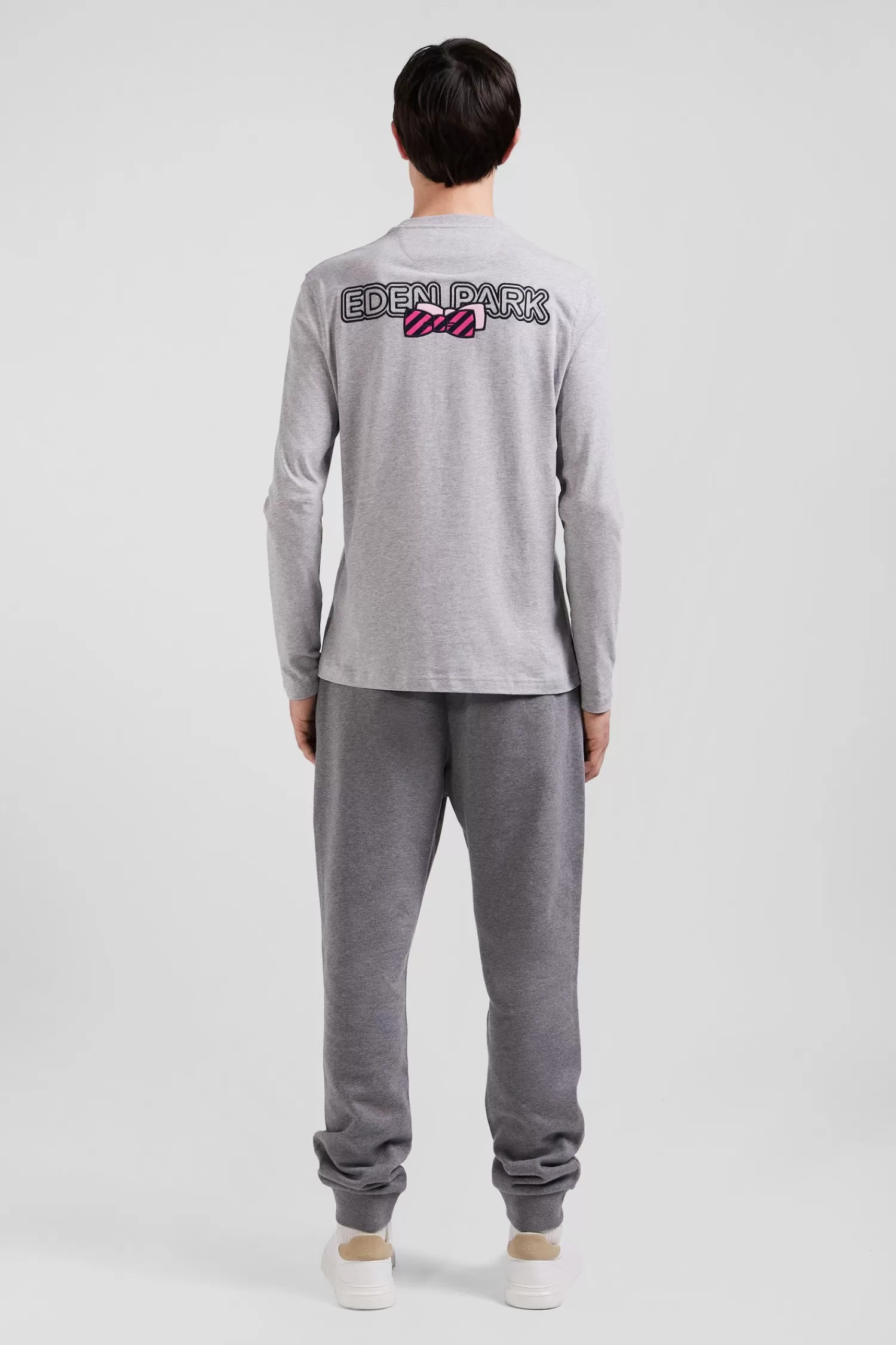 Eden Park Regular grey long-sleeved cotton T-shirt with striped bow tie embroidery< T-shirts
