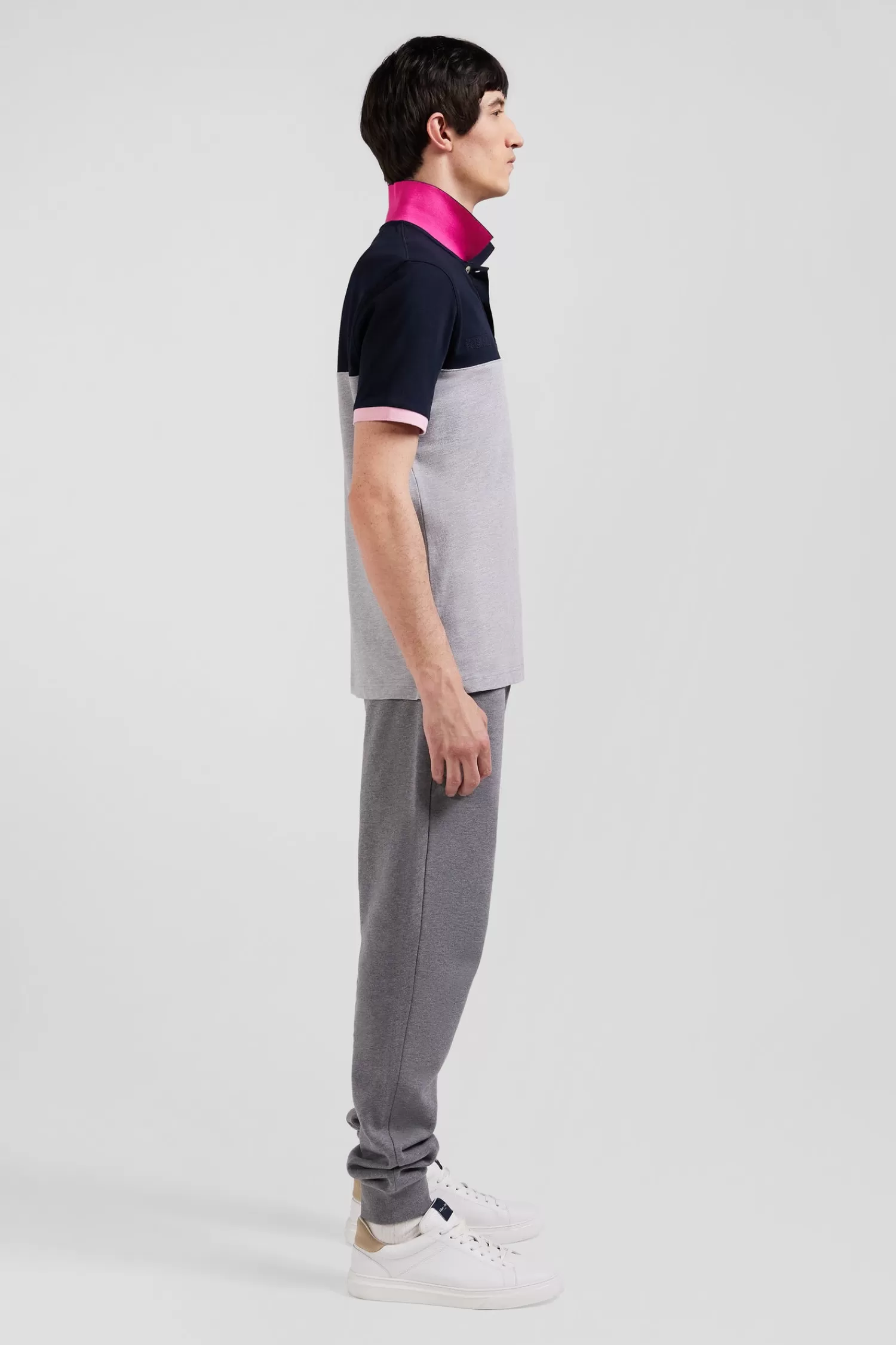 Eden Park Regular grey short-sleeved cotton piqué polo shirt with bow tie embroidery and contrasting details< Polos