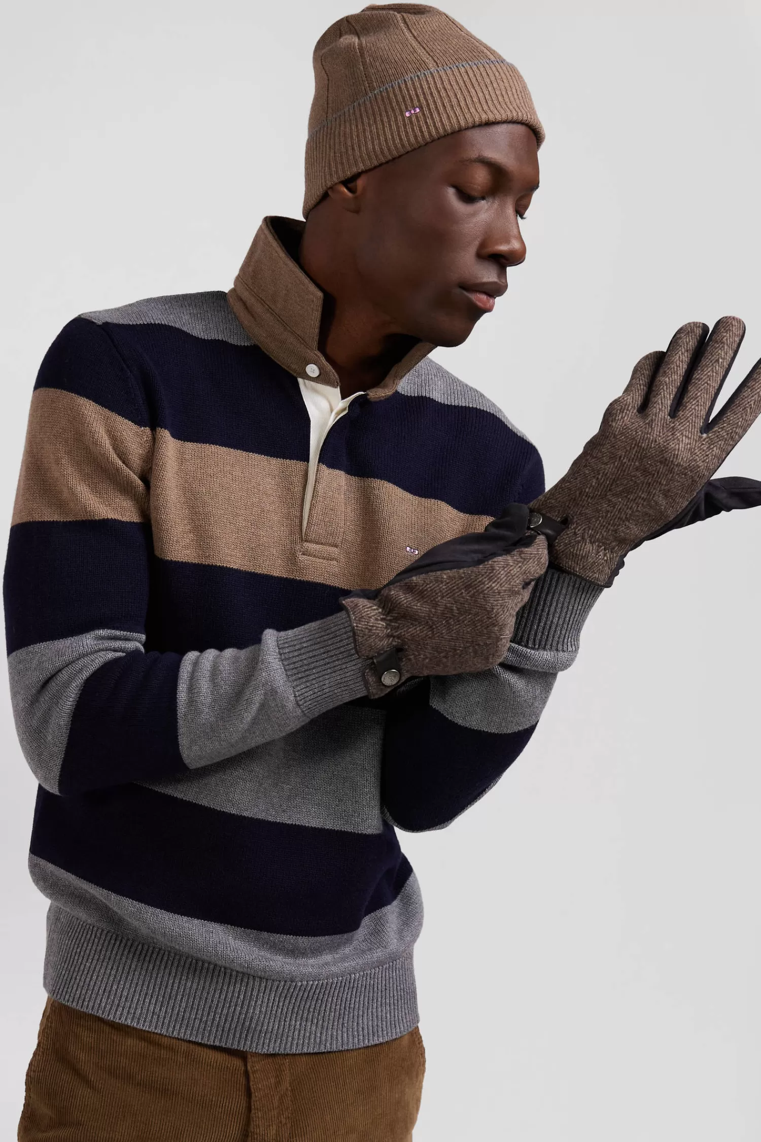 Eden Park Regular grey striped wool and cotton jumper with rugby shirt collar< Sweaters