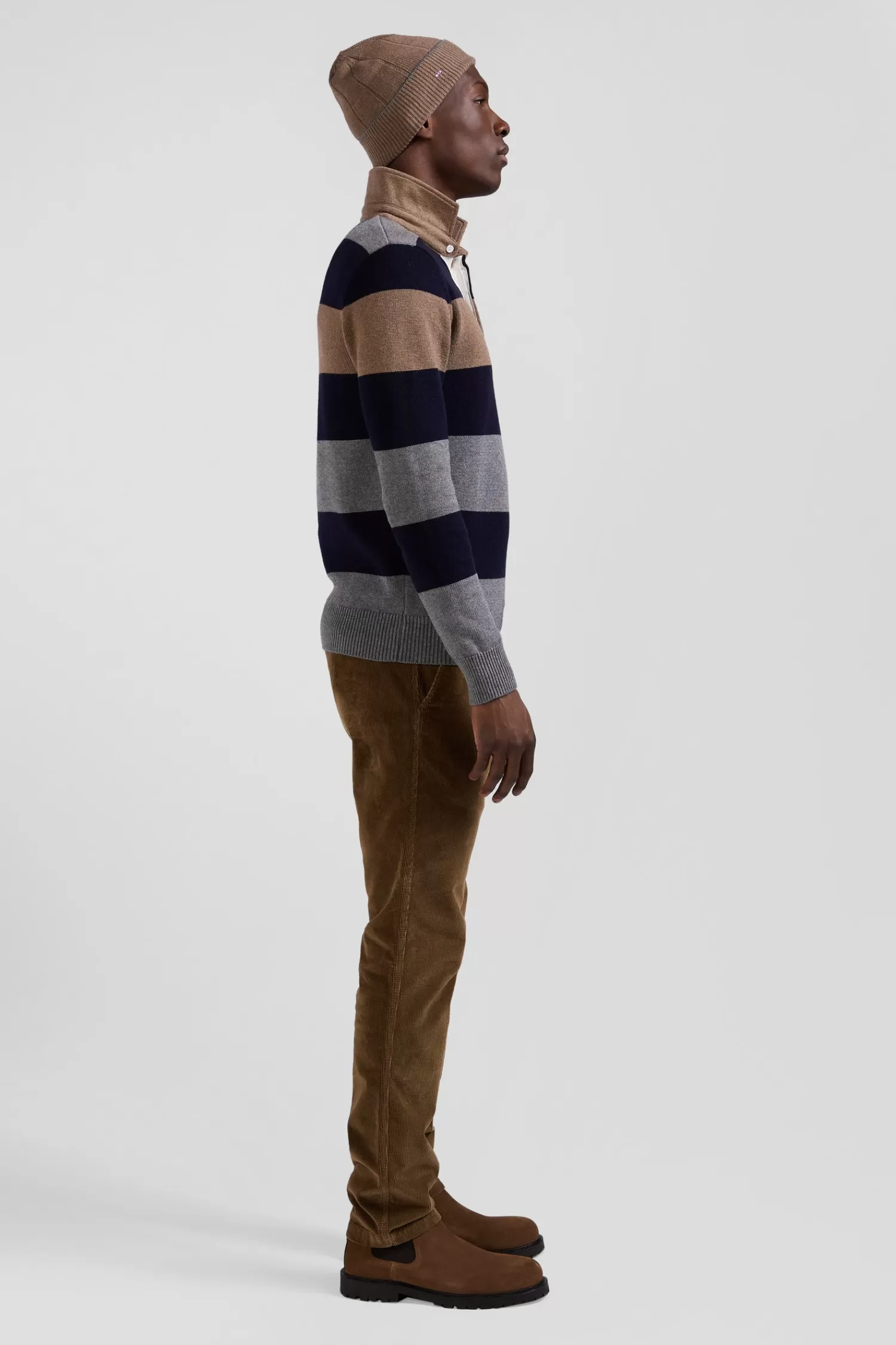 Eden Park Regular grey striped wool and cotton jumper with rugby shirt collar< Sweaters
