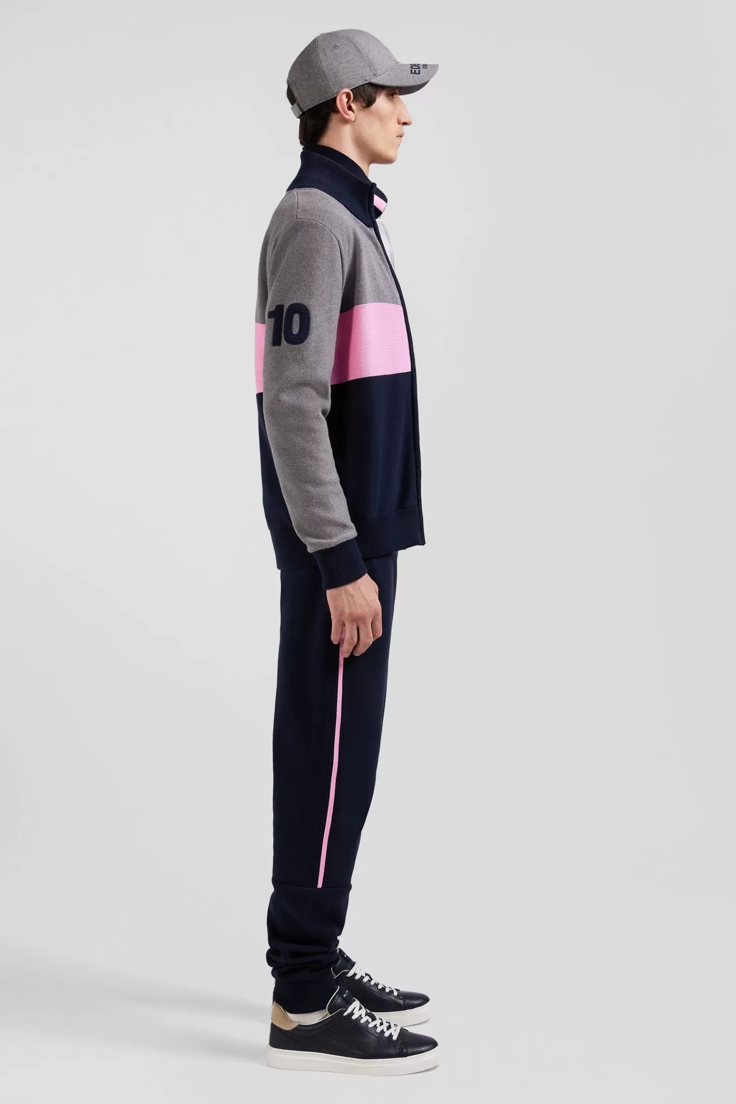 Eden Park Regular grey tricolour high collar zipped cardigan with N°10 embroidery and knit patterns< Cardigans