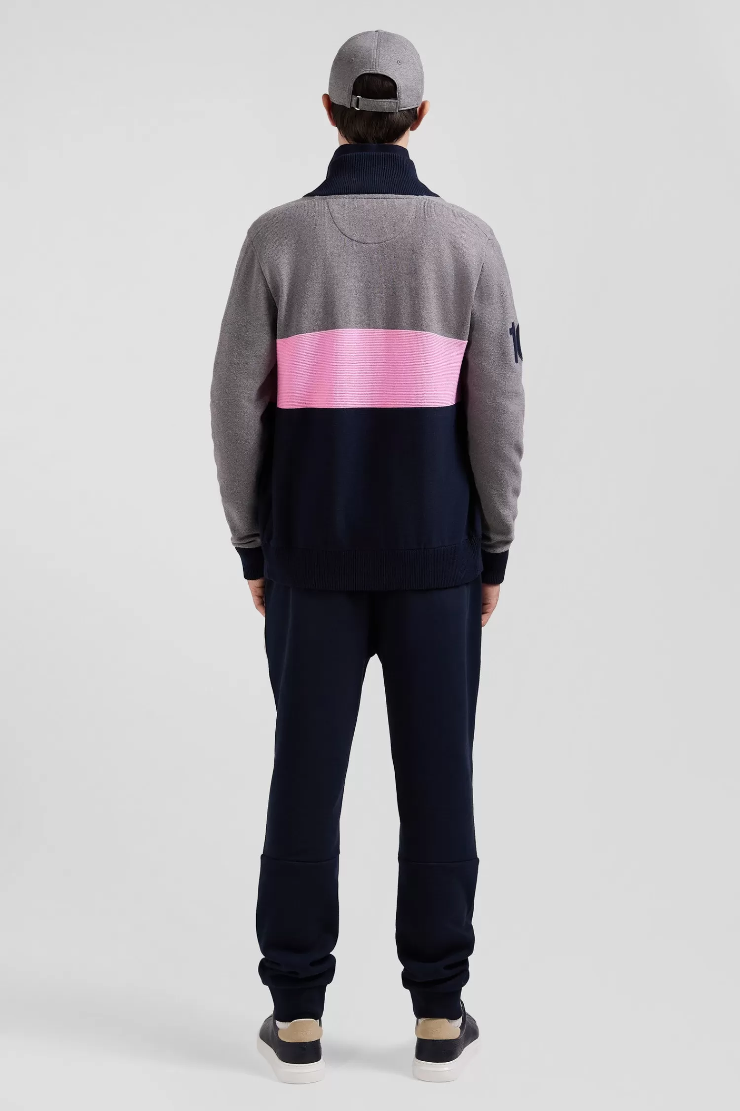Eden Park Regular grey tricolour high collar zipped cardigan with N°10 embroidery and knit patterns< Cardigans