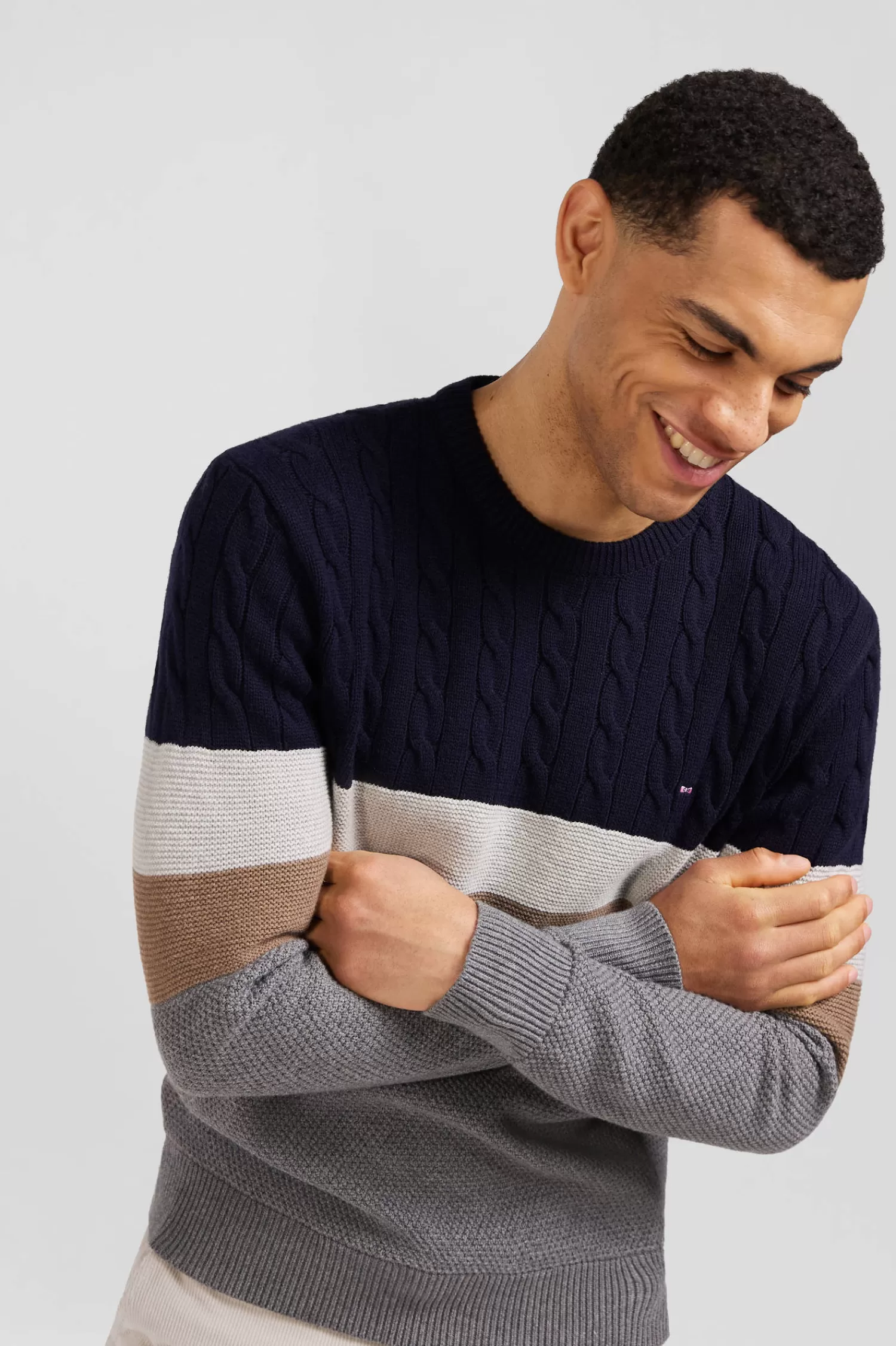 Eden Park Regular grey wool and cotton crew neck jumper with knit patterns< Sweaters