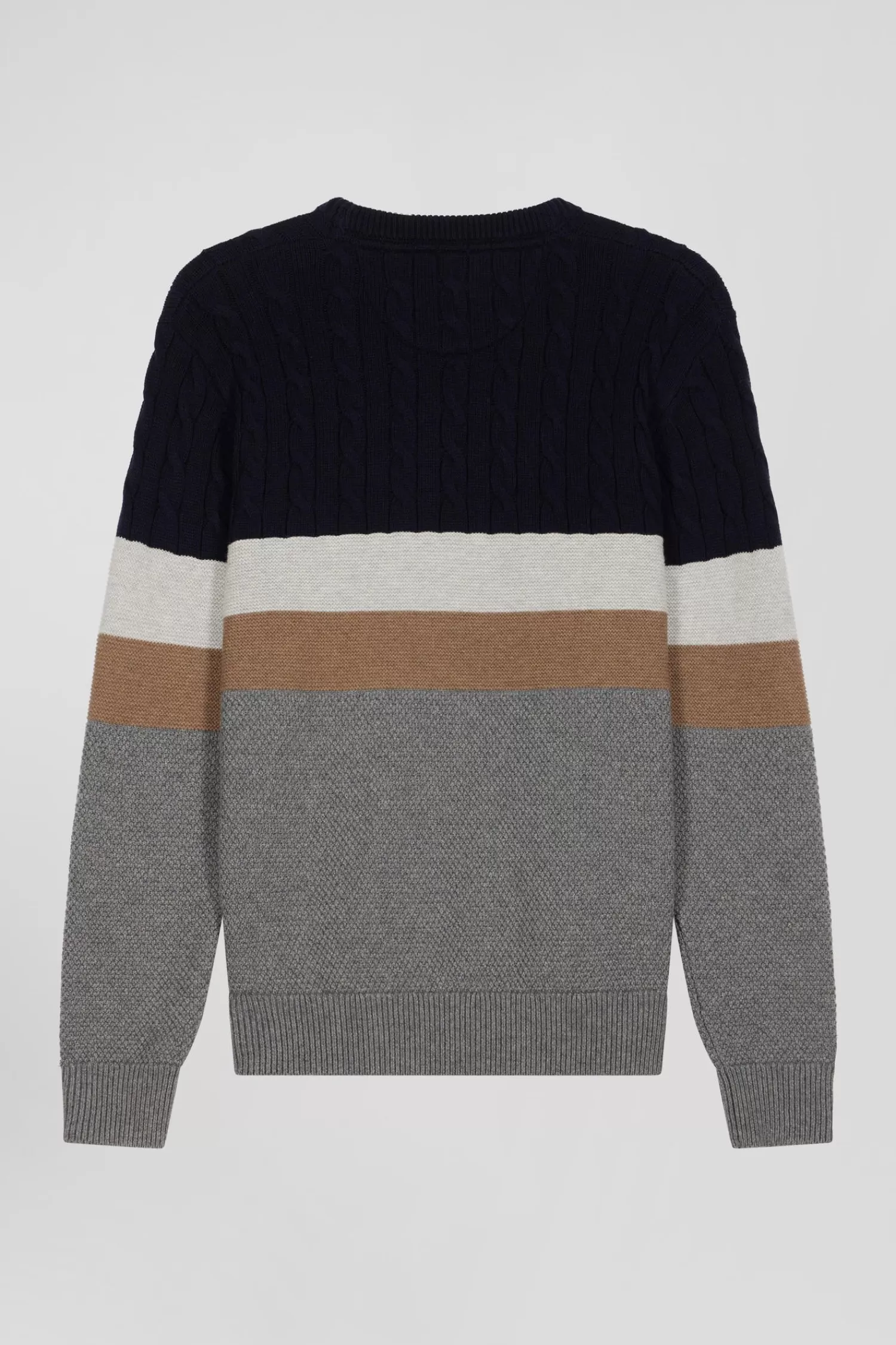 Eden Park Regular grey wool and cotton crew neck jumper with knit patterns< Sweaters