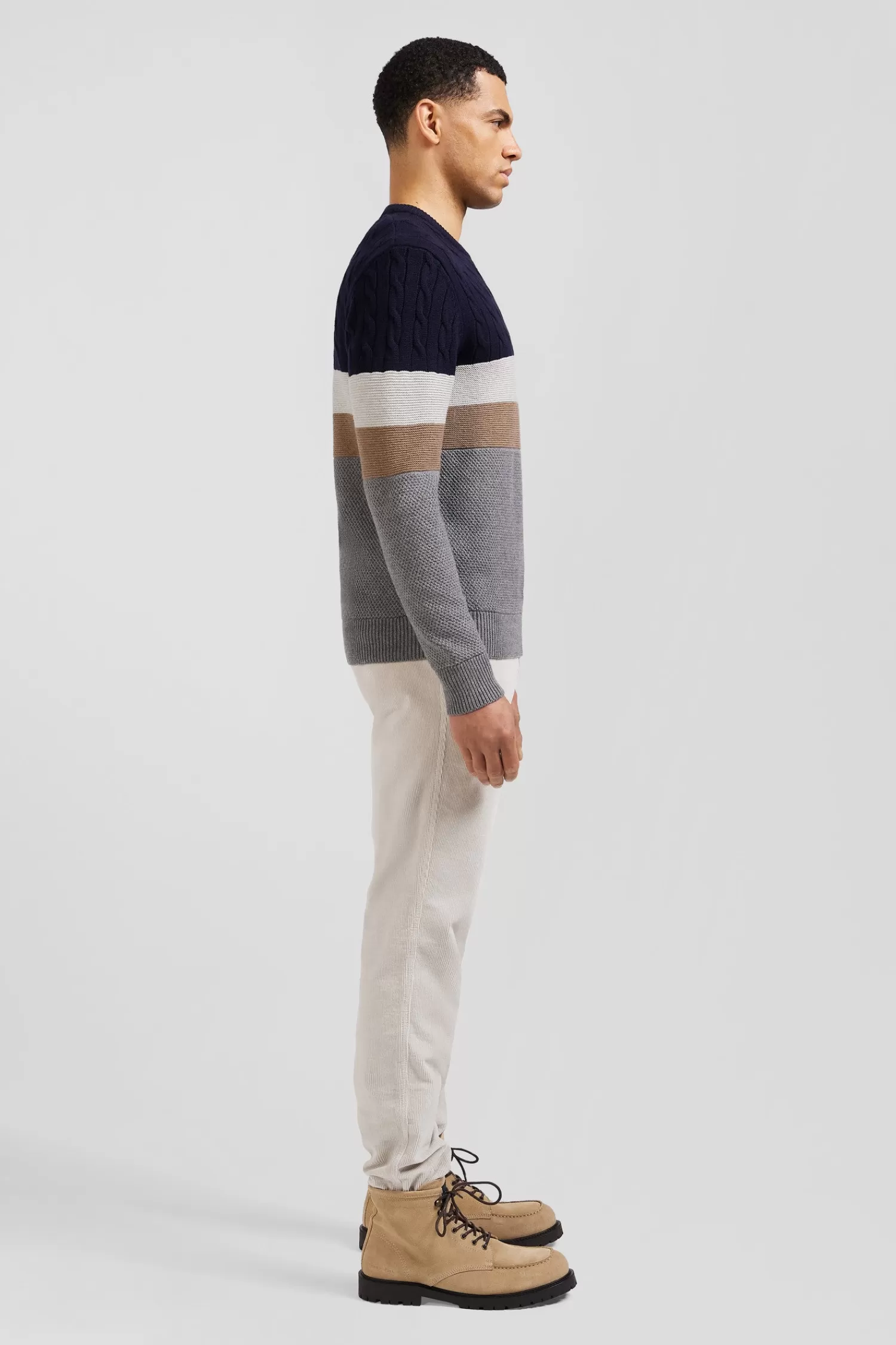 Eden Park Regular grey wool and cotton crew neck jumper with knit patterns< Sweaters