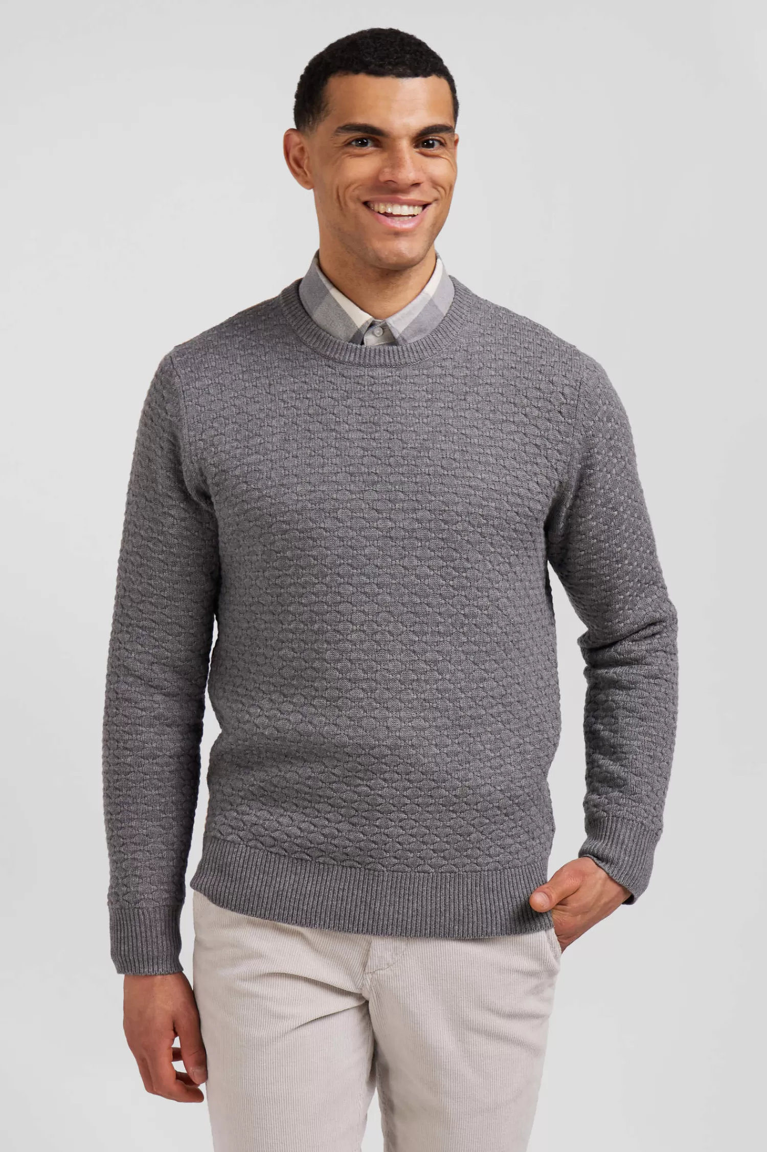 Eden Park Regular grey wool and cotton crew neck jumper with micro bow tie effect< Sweaters