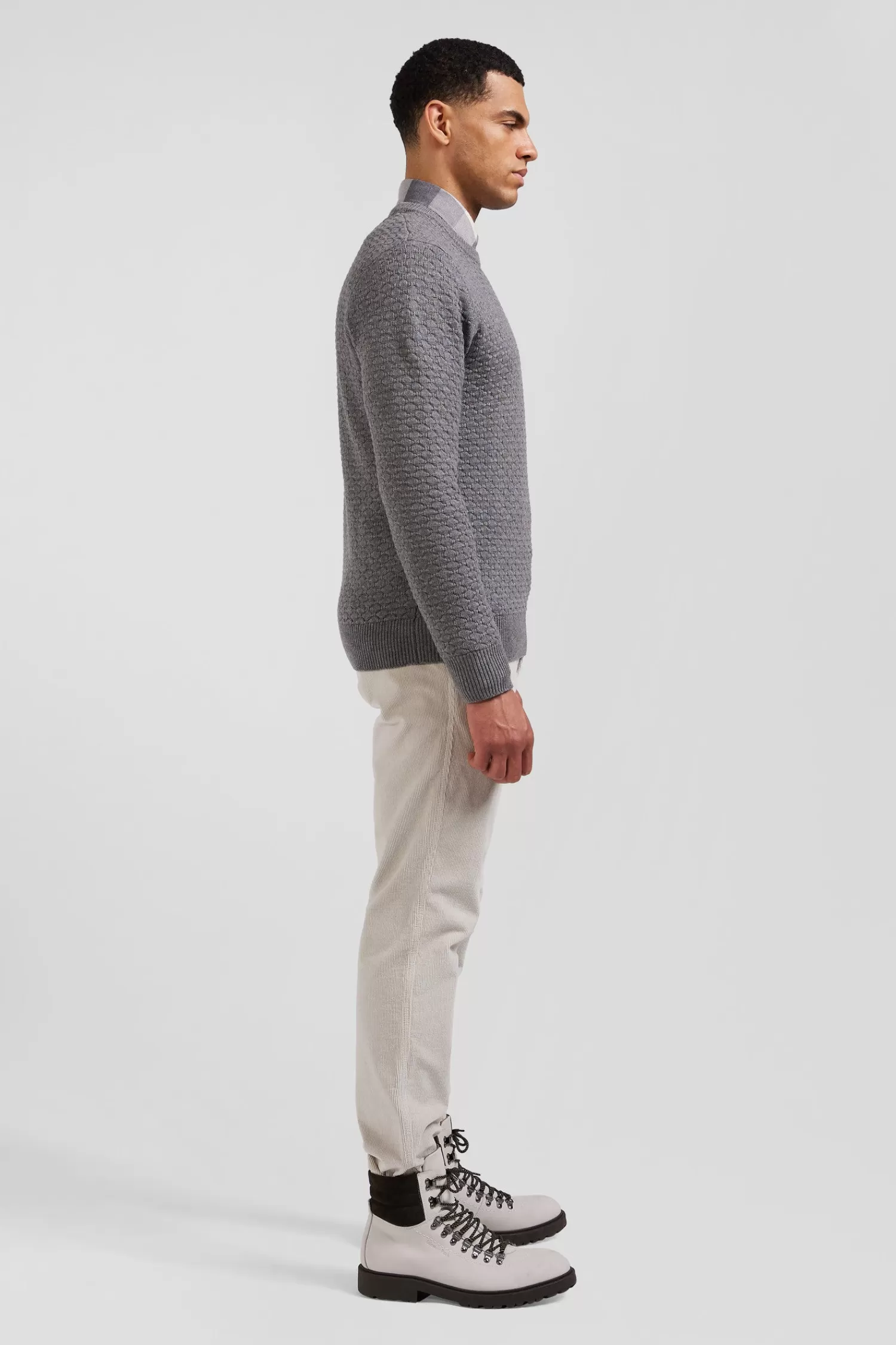 Eden Park Regular grey wool and cotton crew neck jumper with micro bow tie effect< Sweaters