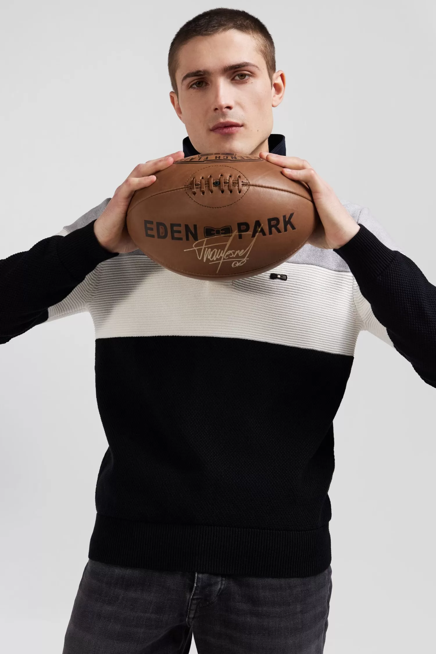 Eden Park Regular grey wool and cotton jumper with knit patterns and rugby shirt collar< Sweaters