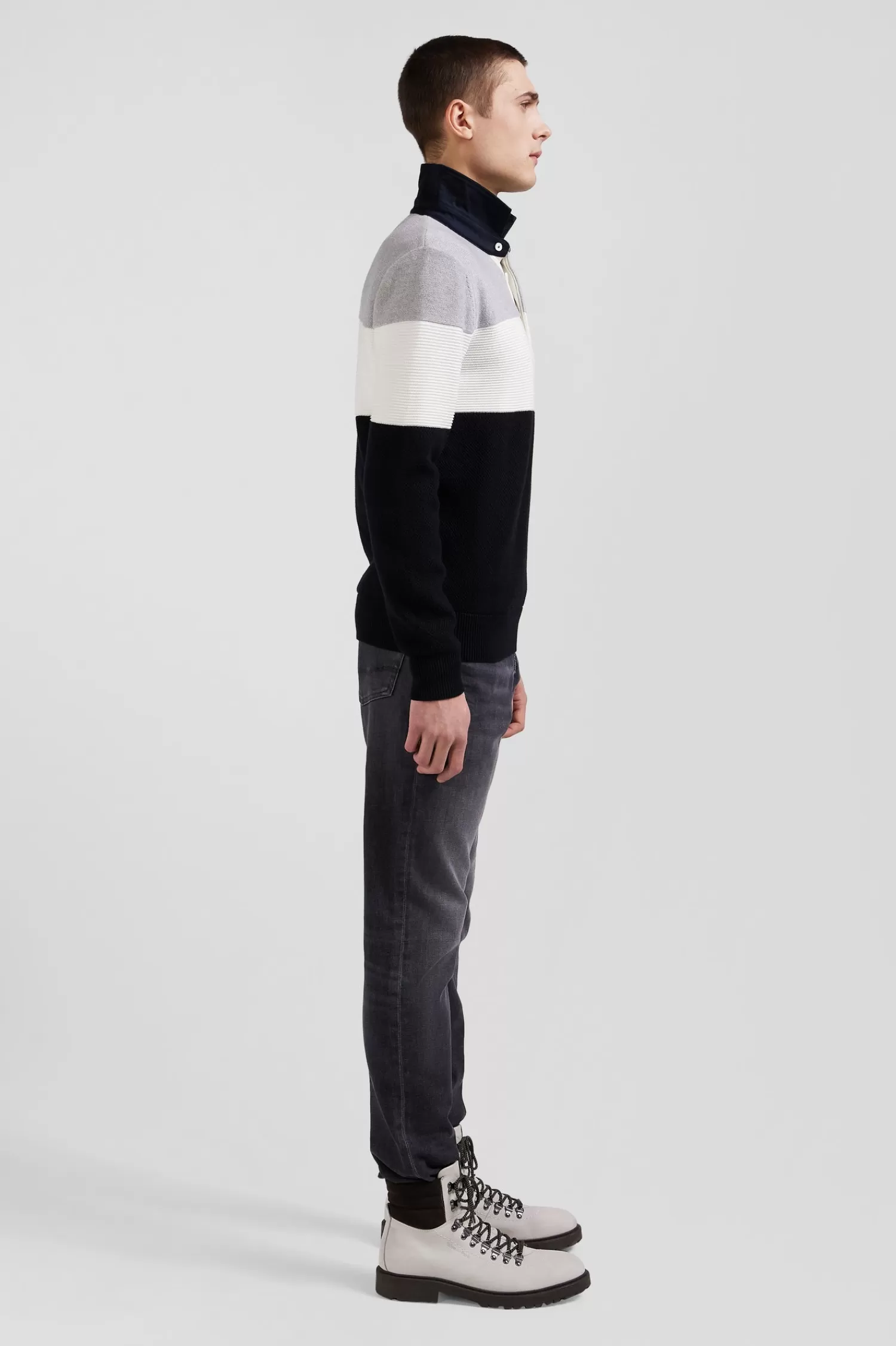Eden Park Regular grey wool and cotton jumper with knit patterns and rugby shirt collar< Sweaters