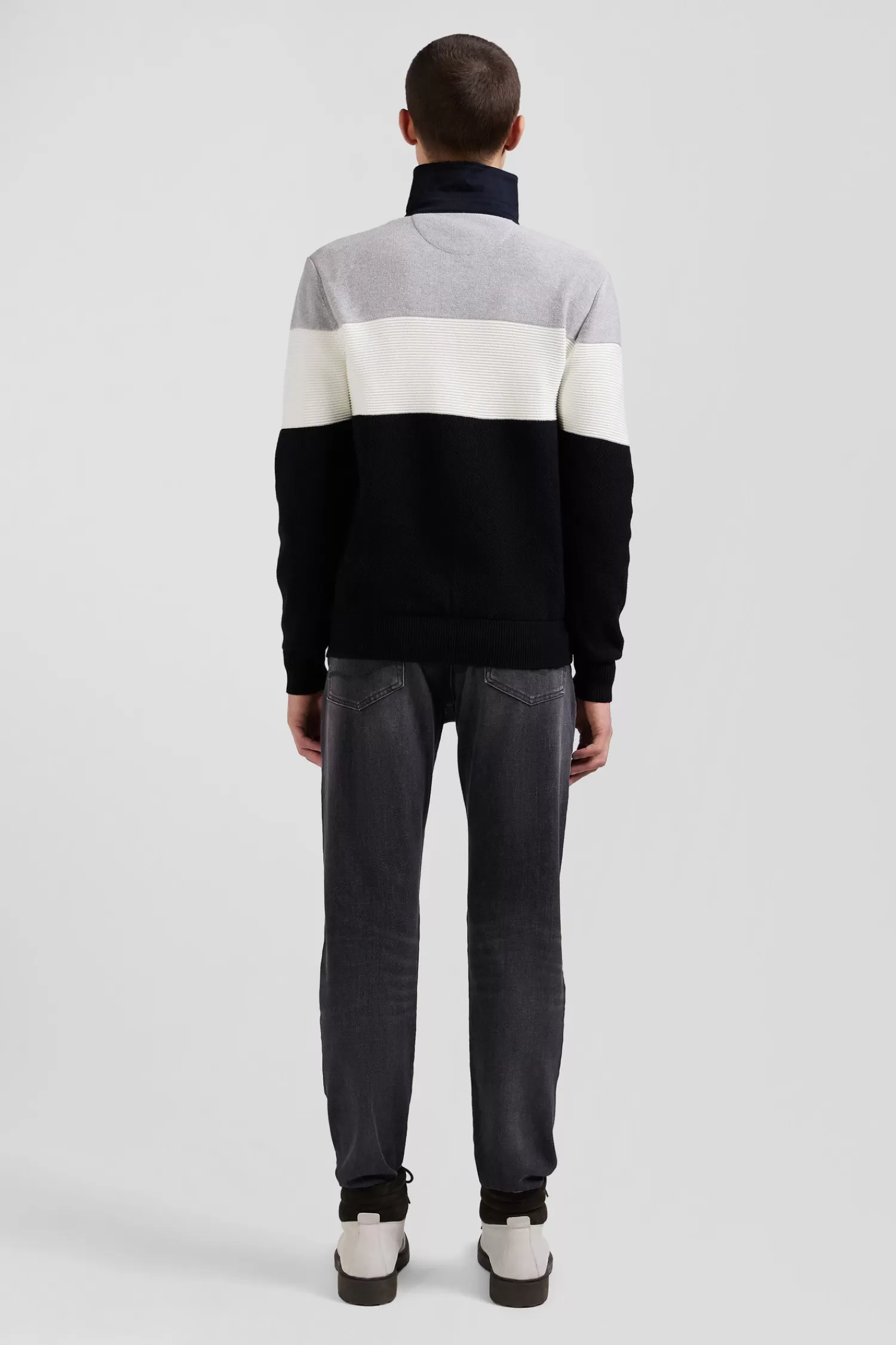 Eden Park Regular grey wool and cotton jumper with knit patterns and rugby shirt collar< Sweaters