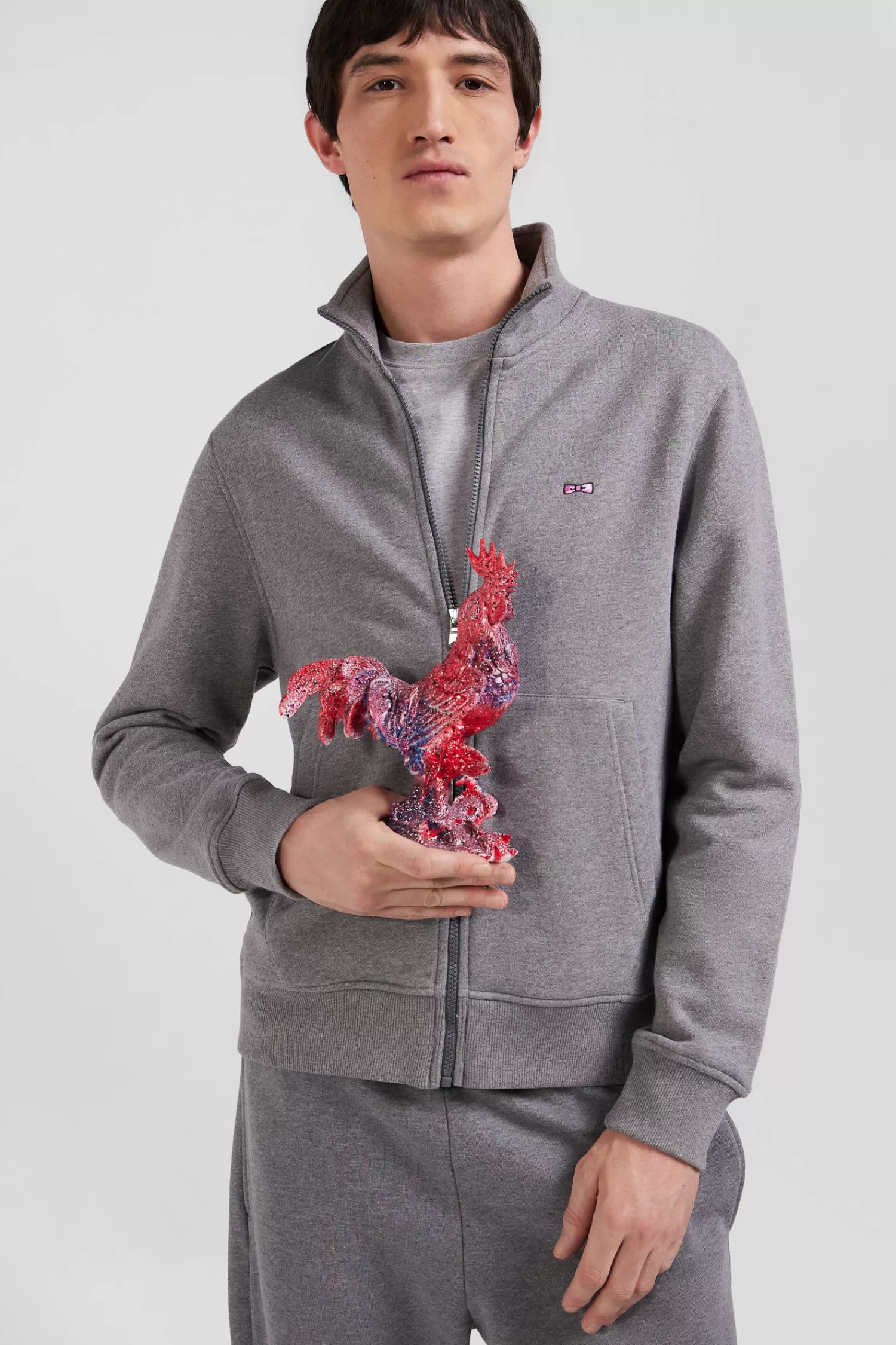 Eden Park Regular grey zipped brushed cotton fleece sweatshirt with high top collar< Sweatshirts
