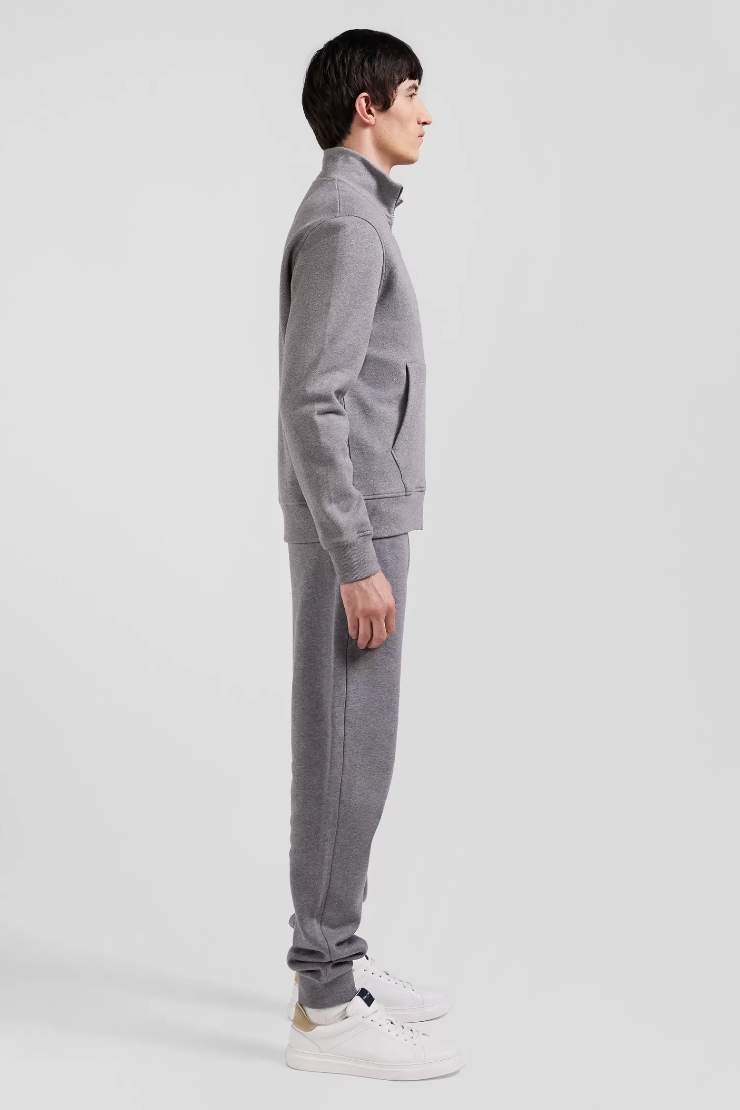 Eden Park Regular grey zipped brushed cotton fleece sweatshirt with high top collar< Sweatshirts