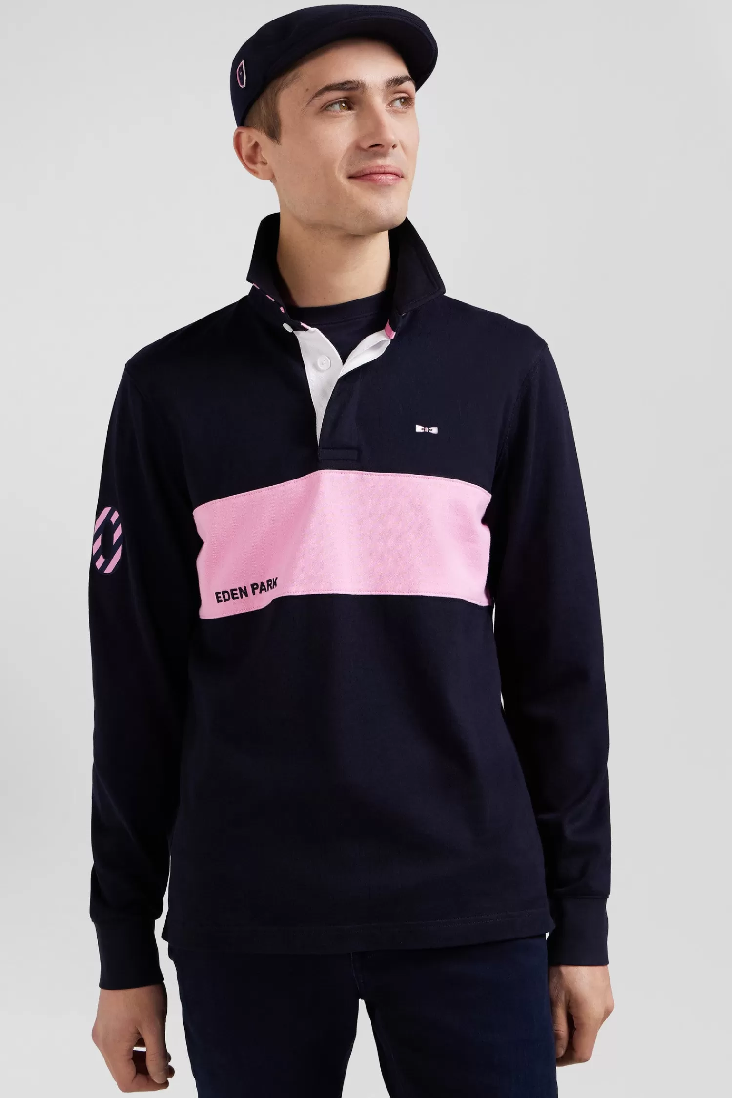 Eden Park Regular long-sleeved cotton rugby shirt with navy and pink stripes< Rugby Shirts