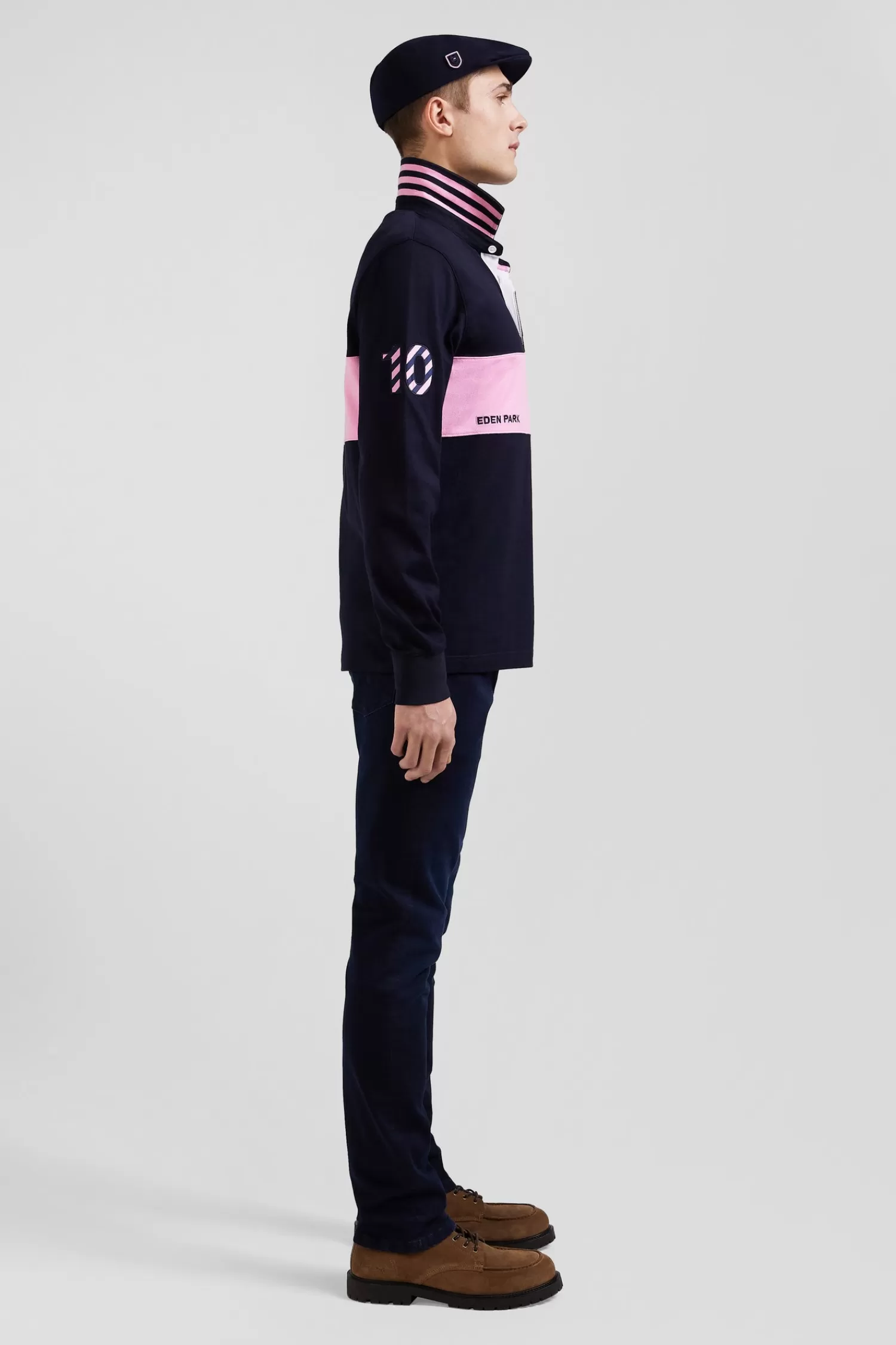 Eden Park Regular long-sleeved cotton rugby shirt with navy and pink stripes< Rugby Shirts