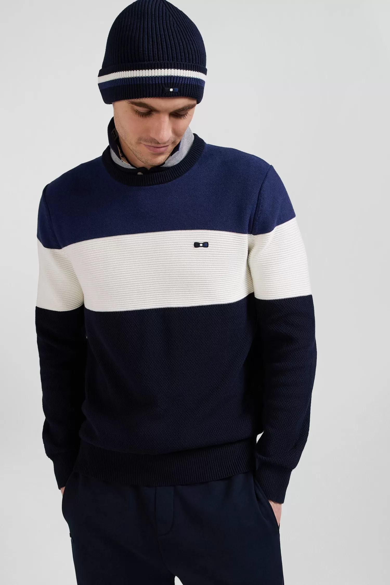 Eden Park Regular navy and blue cotton crew neck jumper with knit patterns< Sweaters