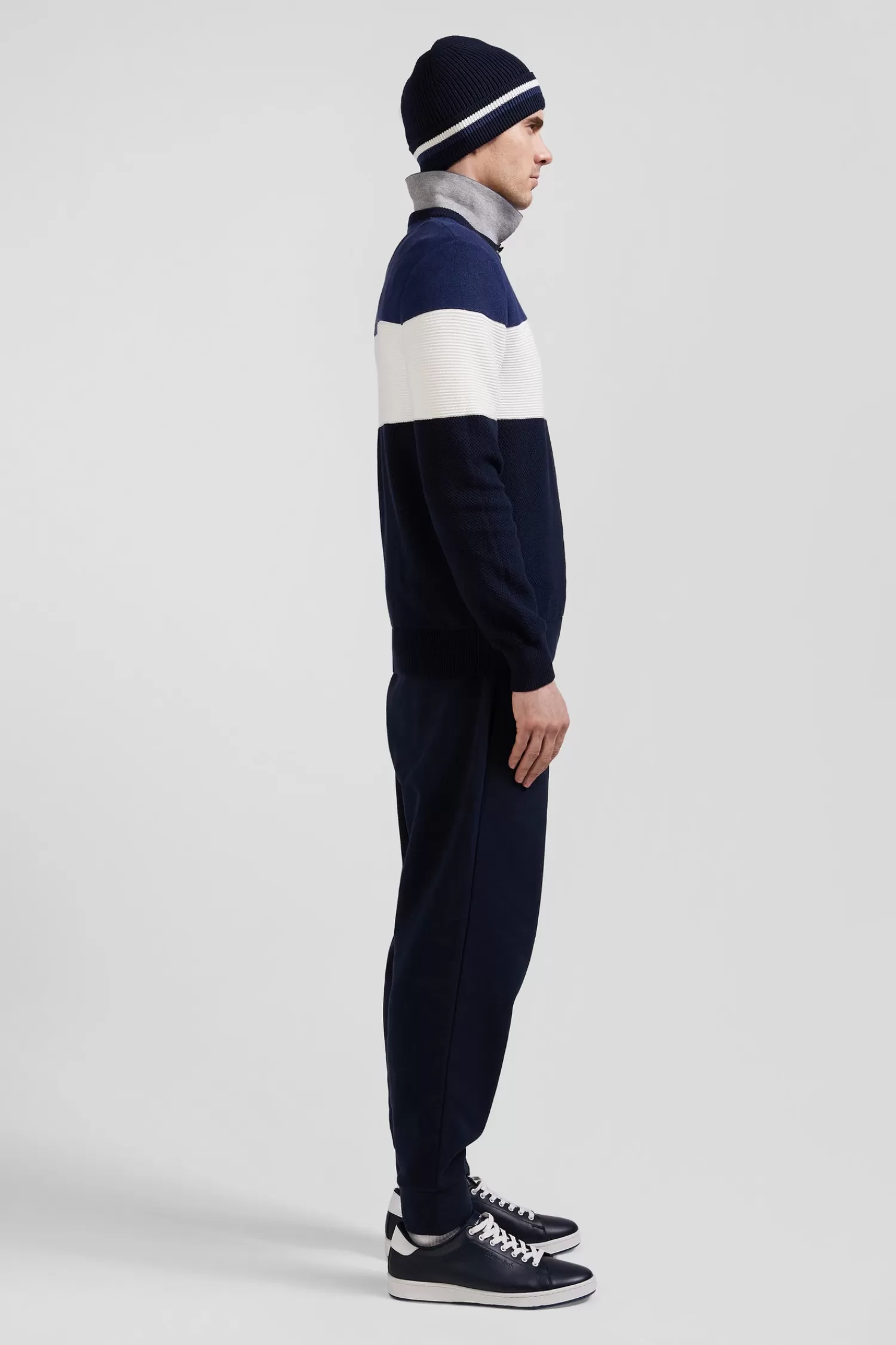 Eden Park Regular navy and blue cotton crew neck jumper with knit patterns< Sweaters