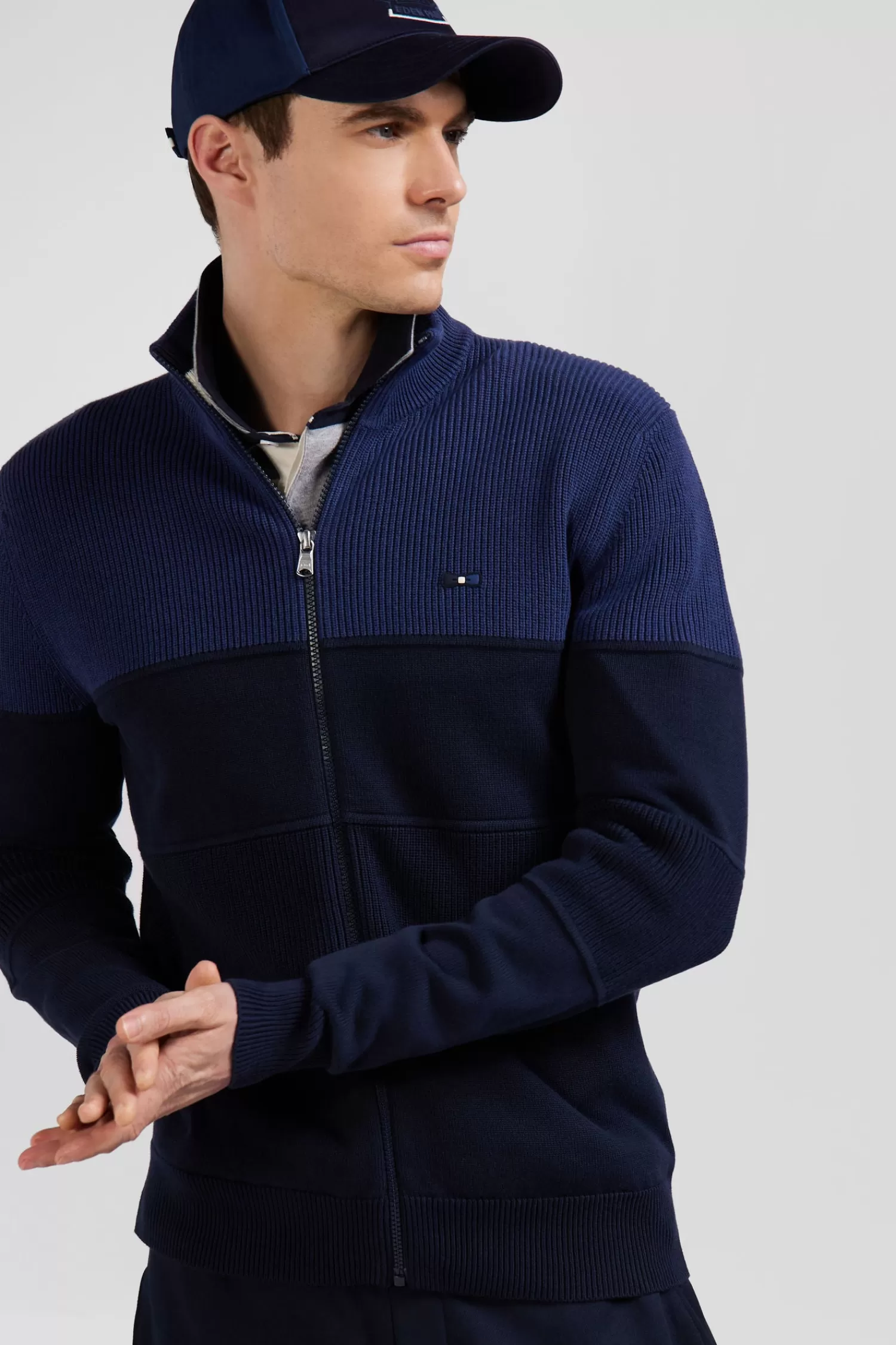 Eden Park Regular navy blue and blue cotton high collar zipped cardigan< Cardigans