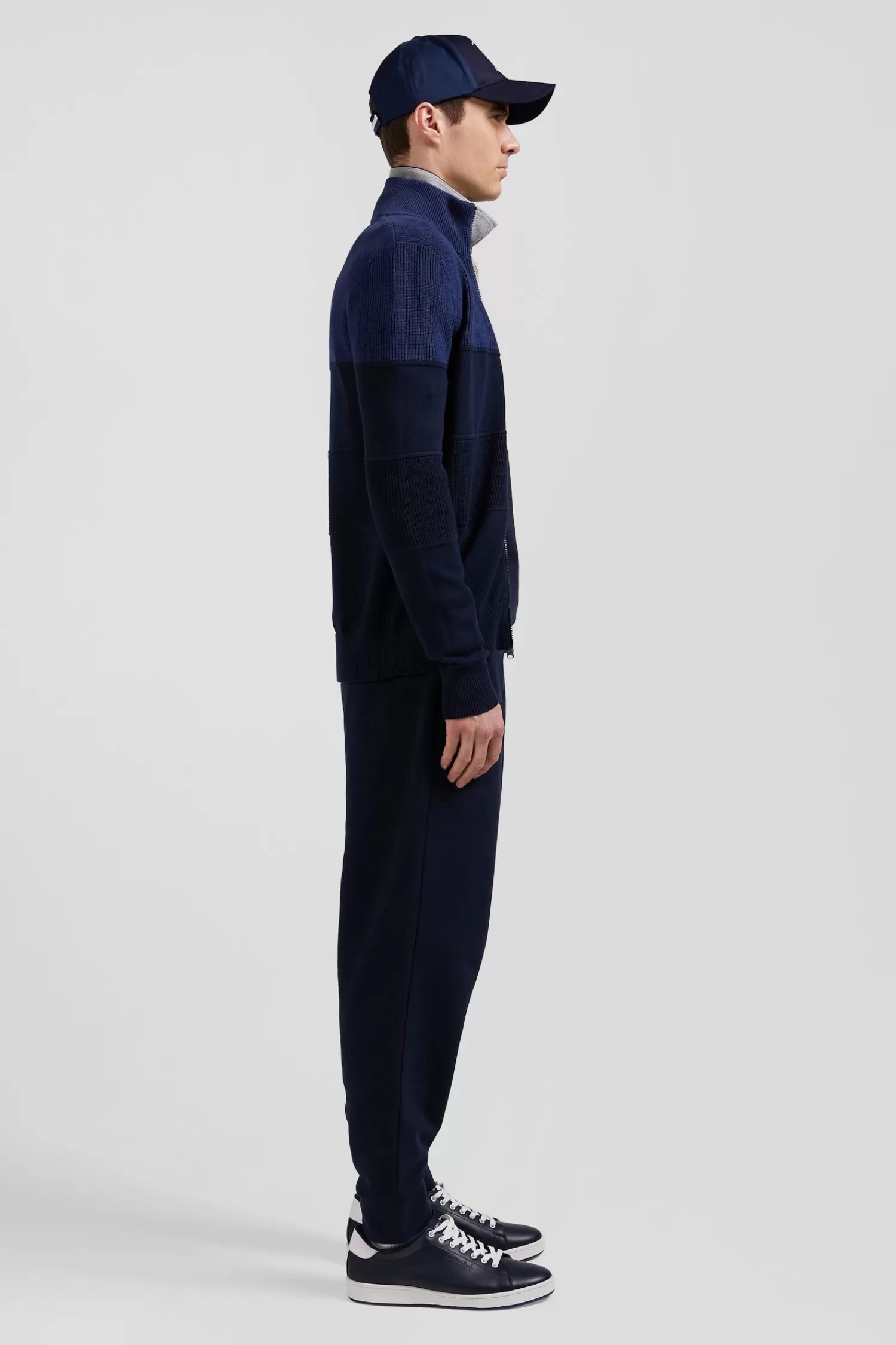 Eden Park Regular navy blue and blue cotton high collar zipped cardigan< Cardigans