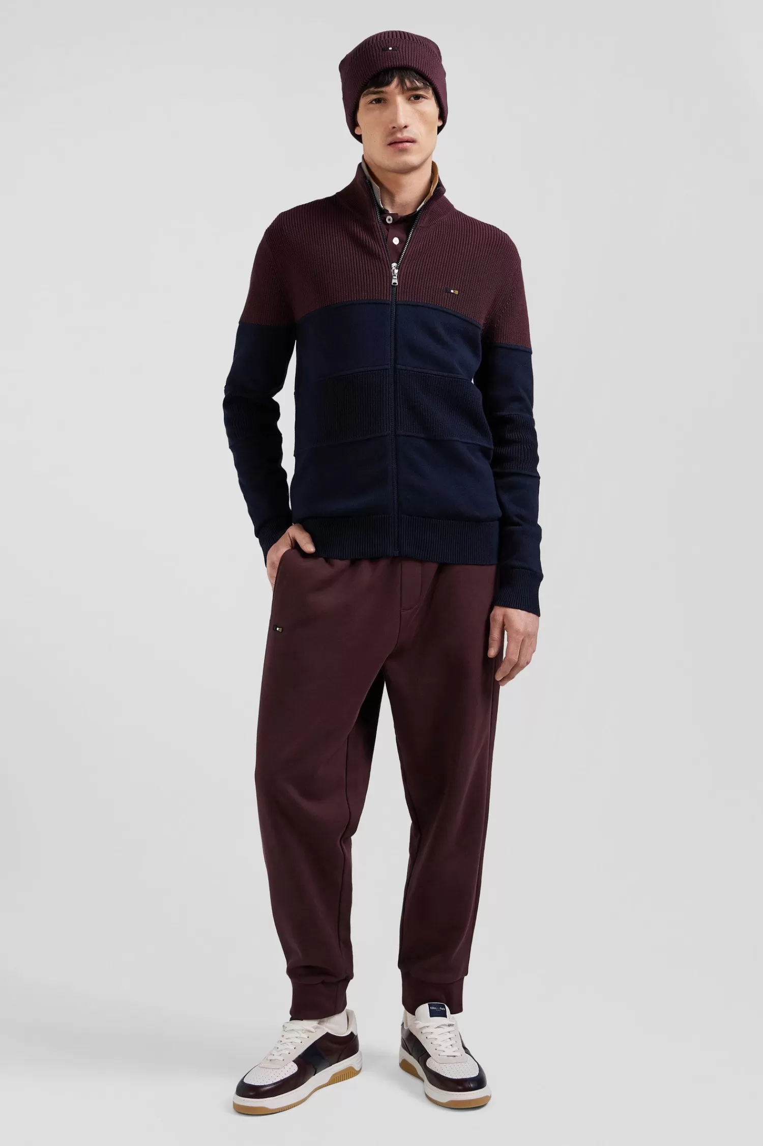 Eden Park Regular navy blue and burgundy cotton high collar zipped cardigan< Cardigans