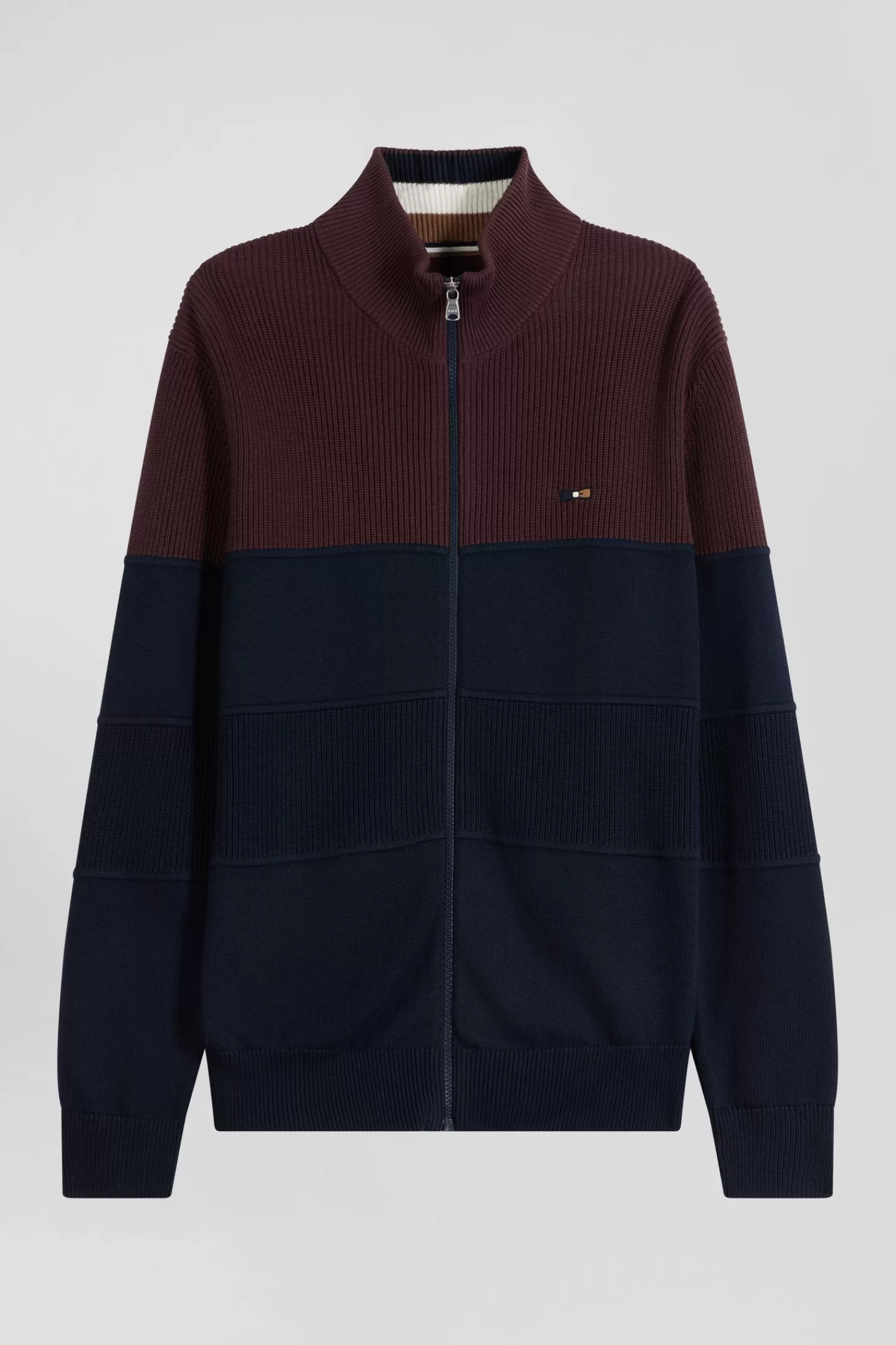 Eden Park Regular navy blue and burgundy cotton high collar zipped cardigan< Cardigans