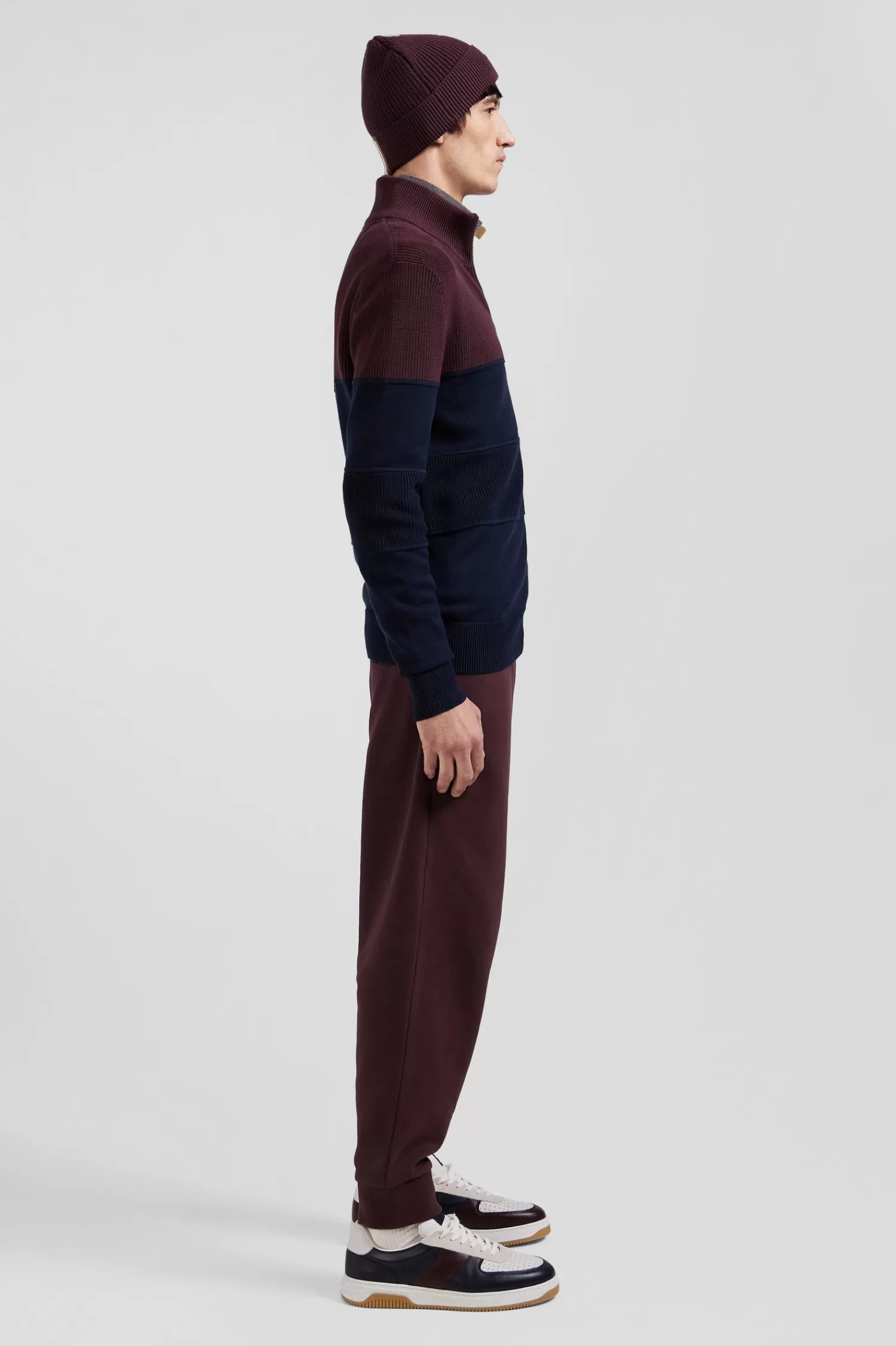 Eden Park Regular navy blue and burgundy cotton high collar zipped cardigan< Cardigans