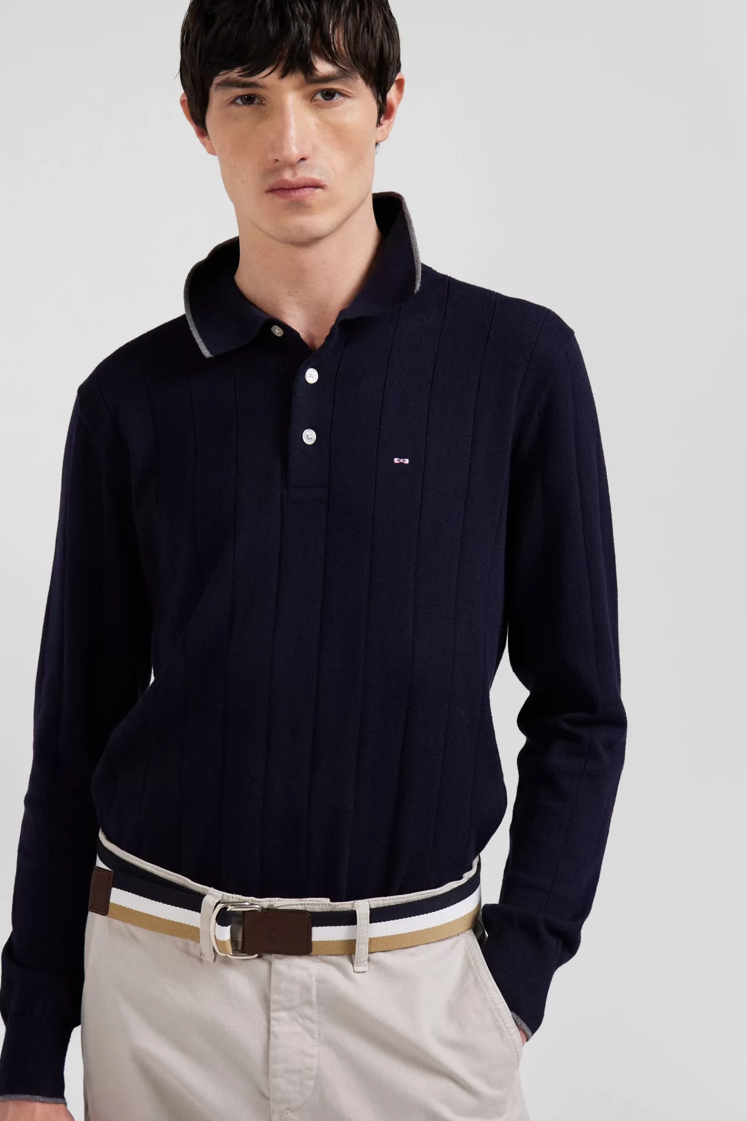 Eden Park Regular navy blue cotton and cashmere jumper with rugby shirt collar< Sweaters
