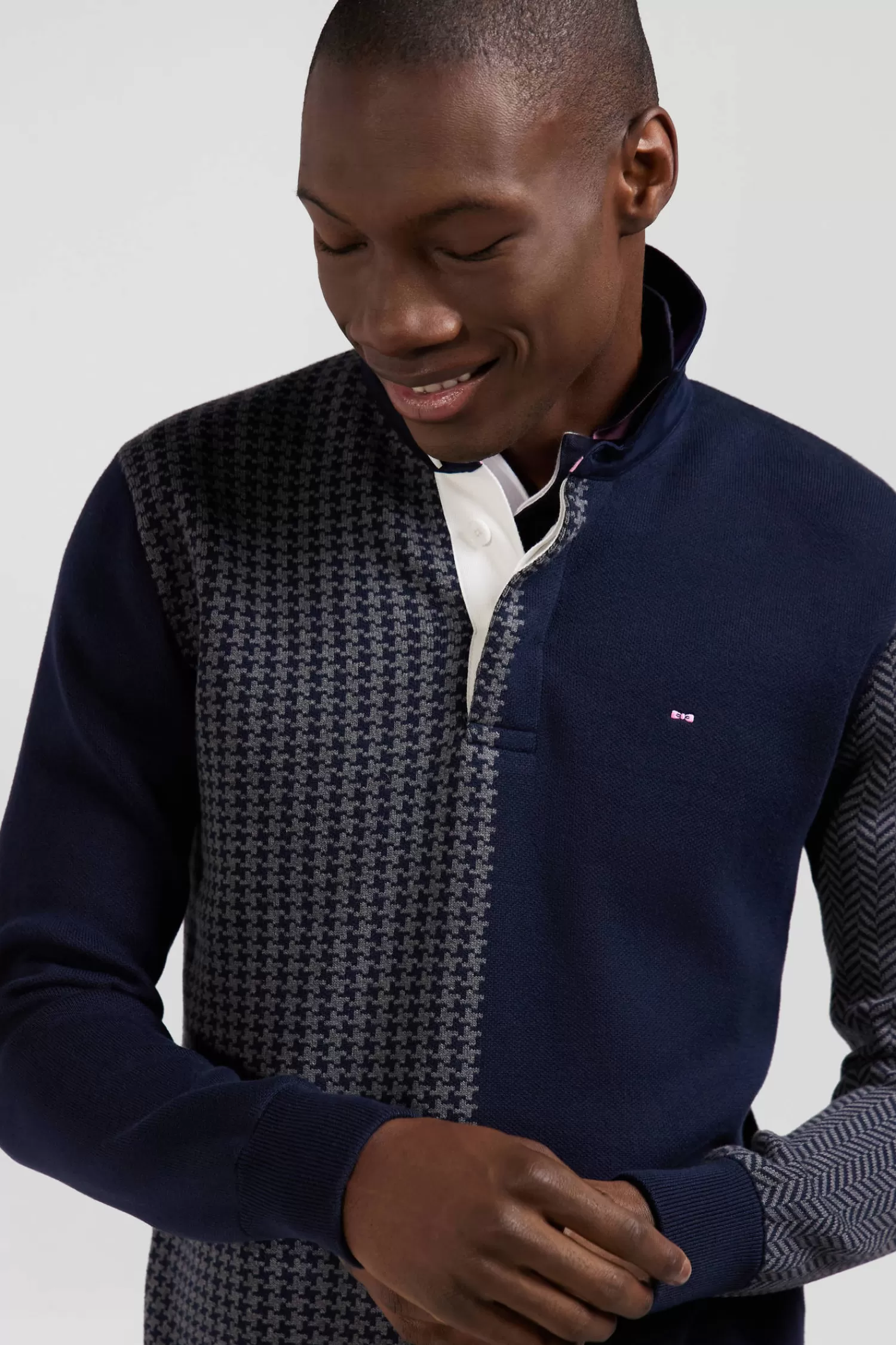 Eden Park Regular navy blue cotton jumper with houndstooth jacquard and rugby shirt collar< Sweaters