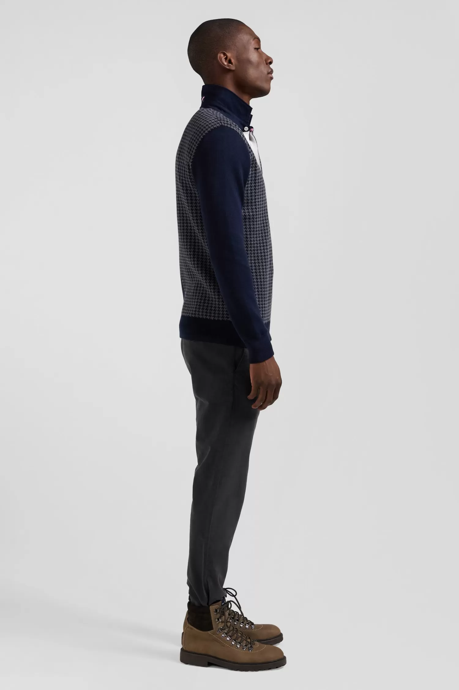 Eden Park Regular navy blue cotton jumper with houndstooth jacquard and rugby shirt collar< Sweaters