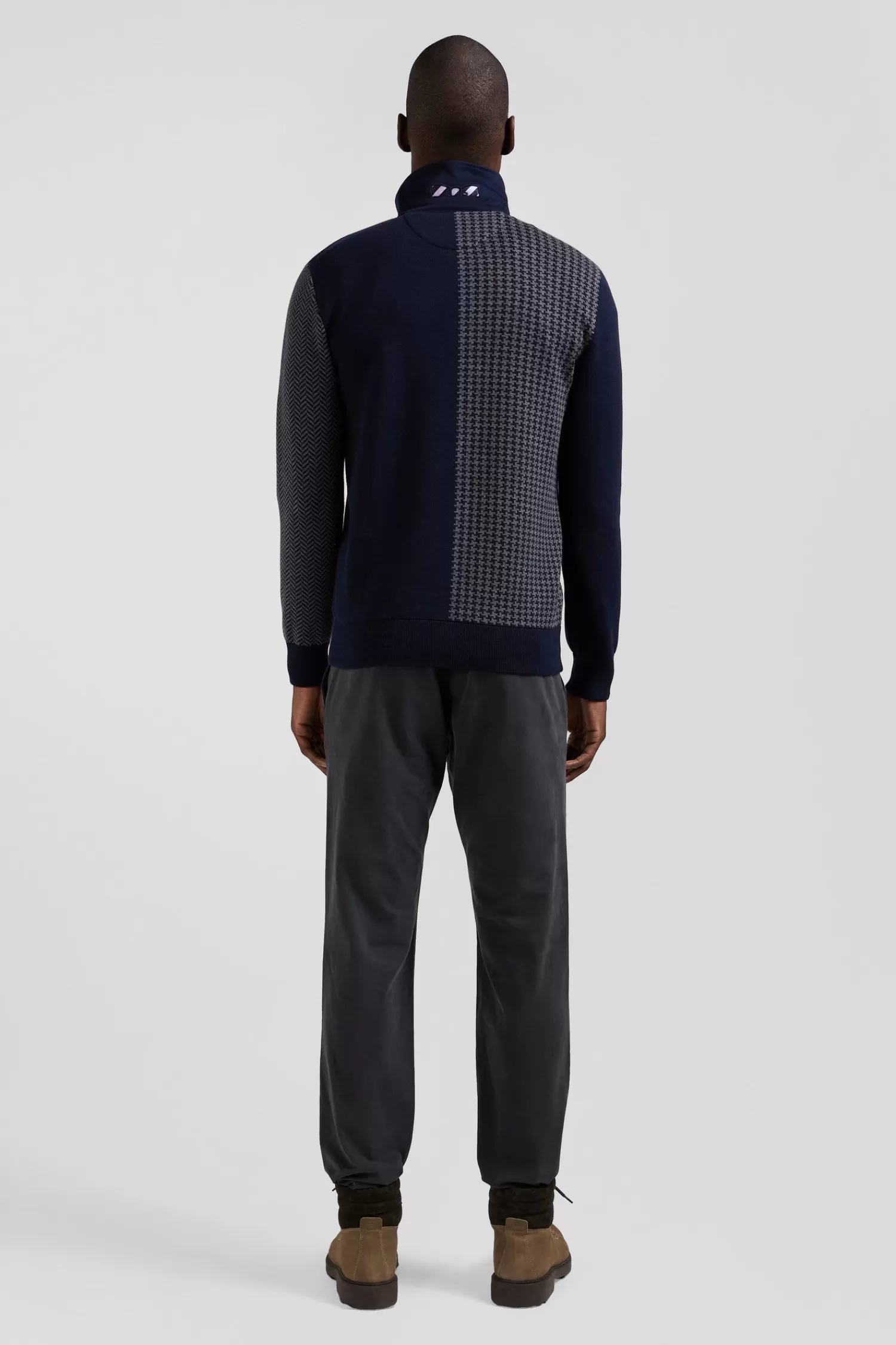Eden Park Regular navy blue cotton jumper with houndstooth jacquard and rugby shirt collar< Sweaters
