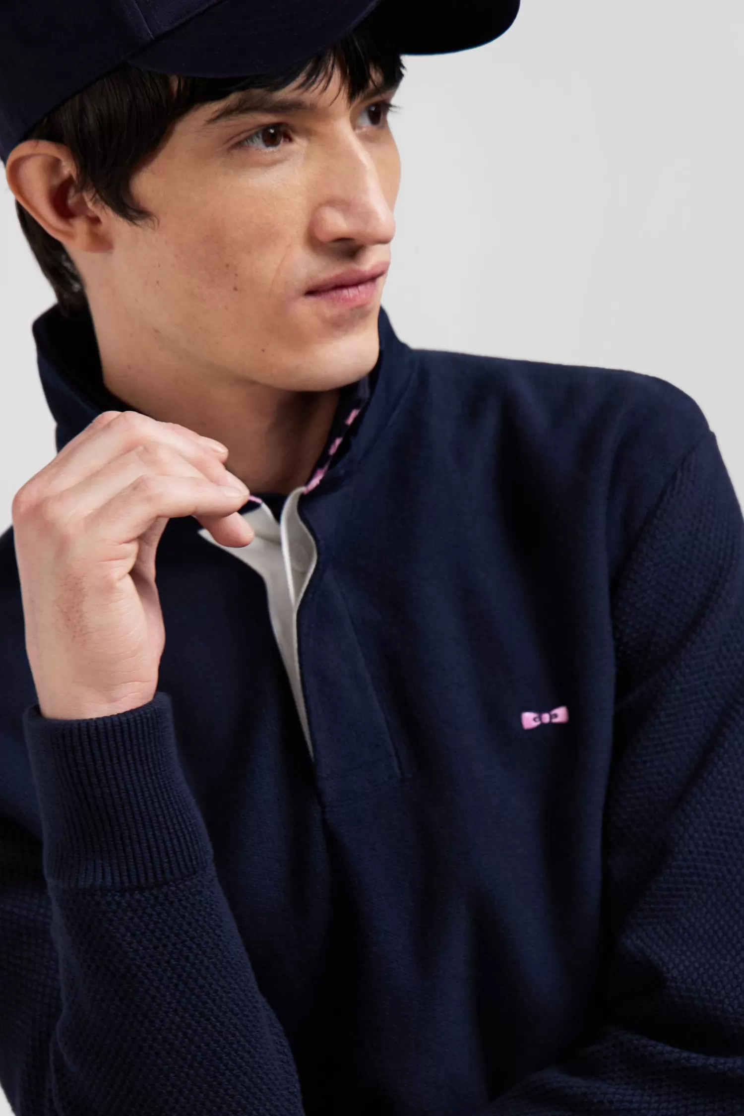 Eden Park Regular navy blue cotton jumper with N°10 embroidery and rugby shirt collar< Sweaters