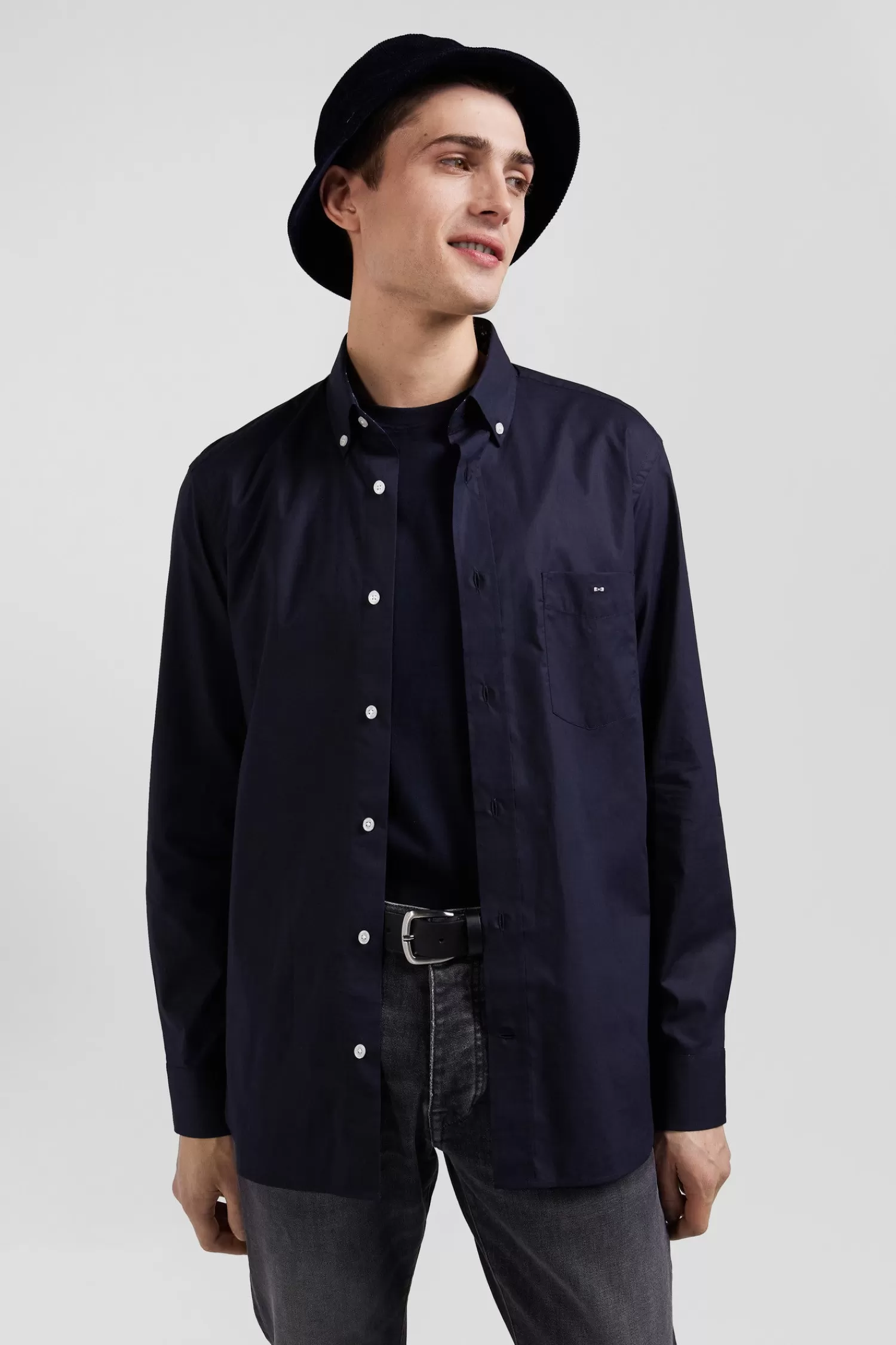 Eden Park Regular navy blue cotton poplin shirt with button-down collar and printed elbow patches< Shirts