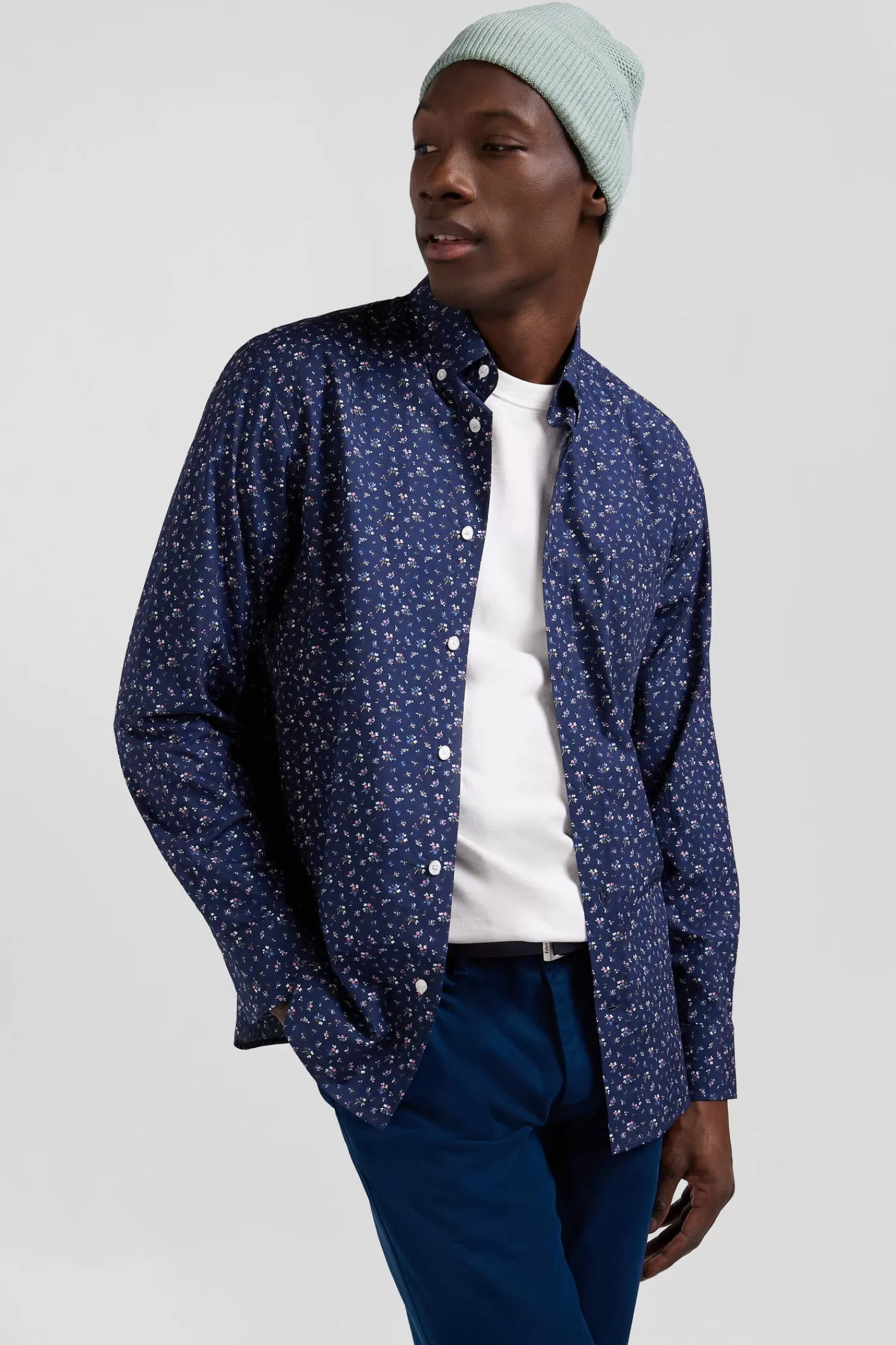 Eden Park Regular navy blue cotton poplin shirt with micro floral print< Shirts