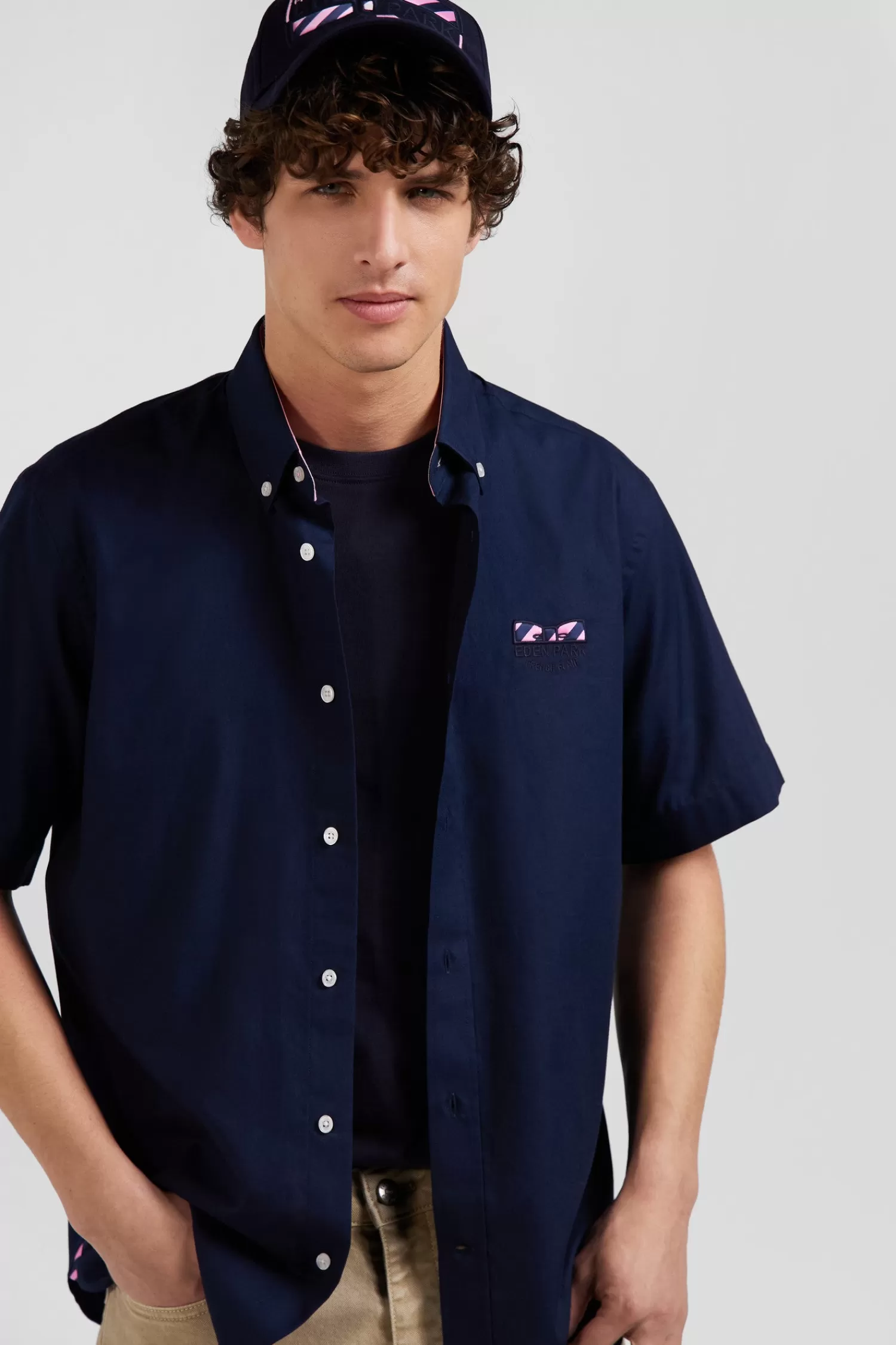 Eden Park Regular navy blue cotton poplin short-sleeved shirt with microprint< Short-sleeved Shirts