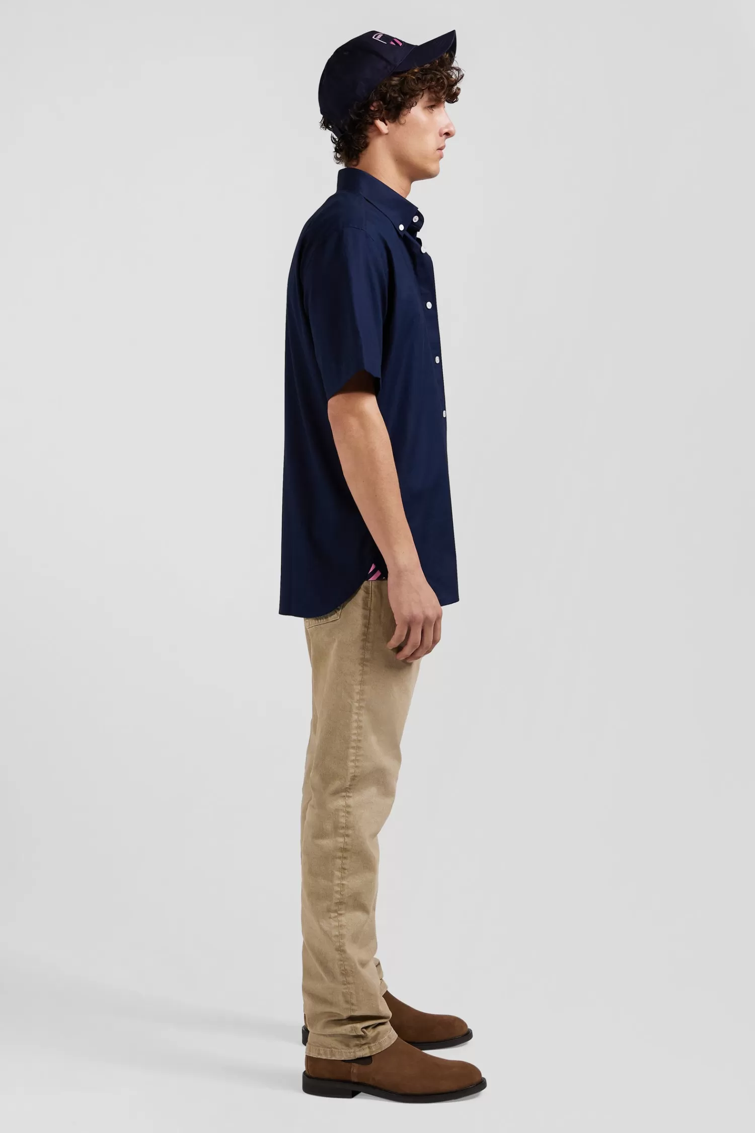 Eden Park Regular navy blue cotton poplin short-sleeved shirt with microprint< Short-sleeved Shirts