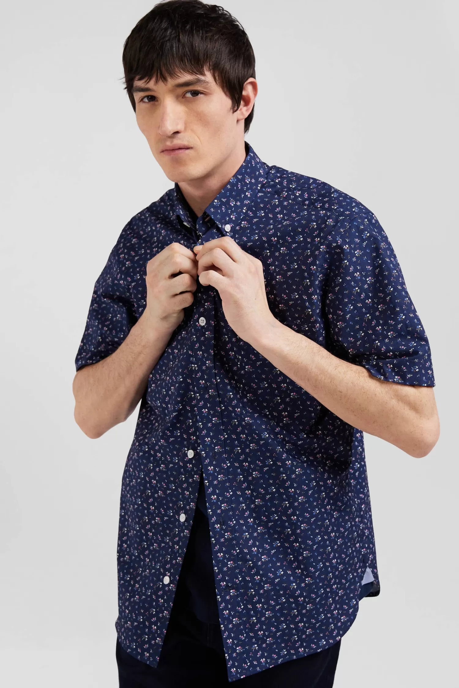Eden Park Regular navy blue cotton short-sleeved shirt with micro floral print< Short-sleeved Shirts