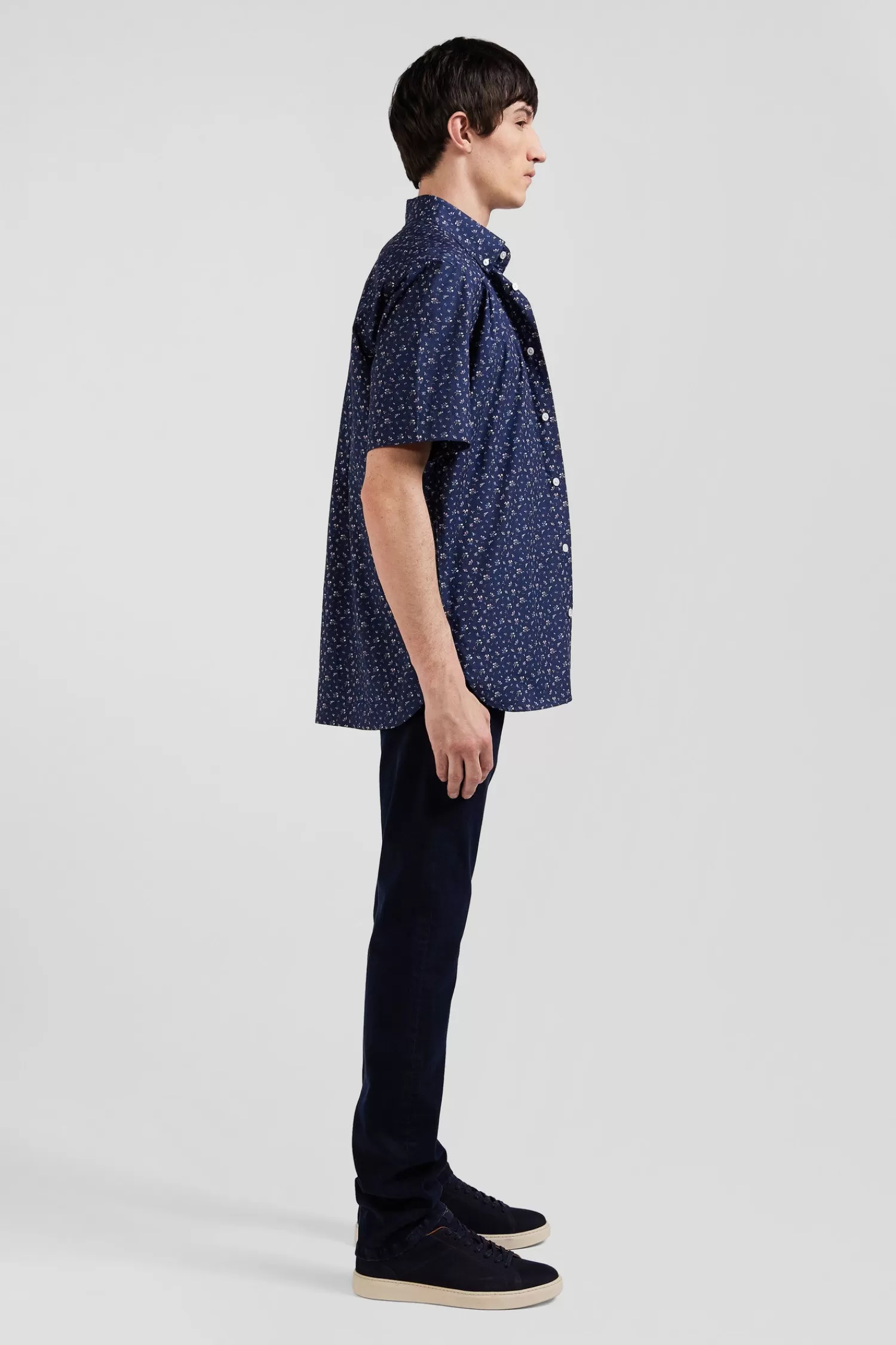 Eden Park Regular navy blue cotton short-sleeved shirt with micro floral print< Short-sleeved Shirts
