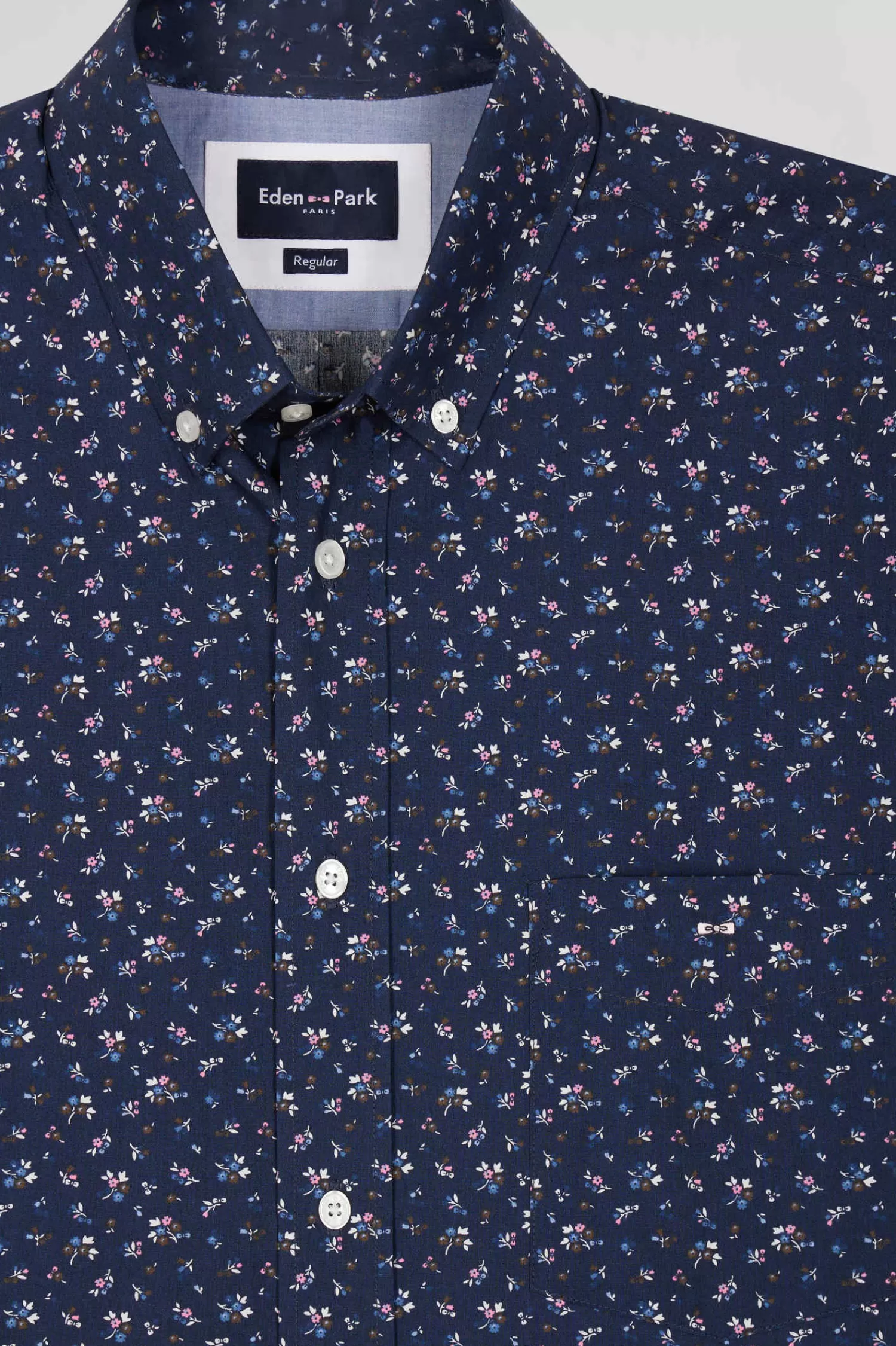 Eden Park Regular navy blue cotton short-sleeved shirt with micro floral print< Short-sleeved Shirts