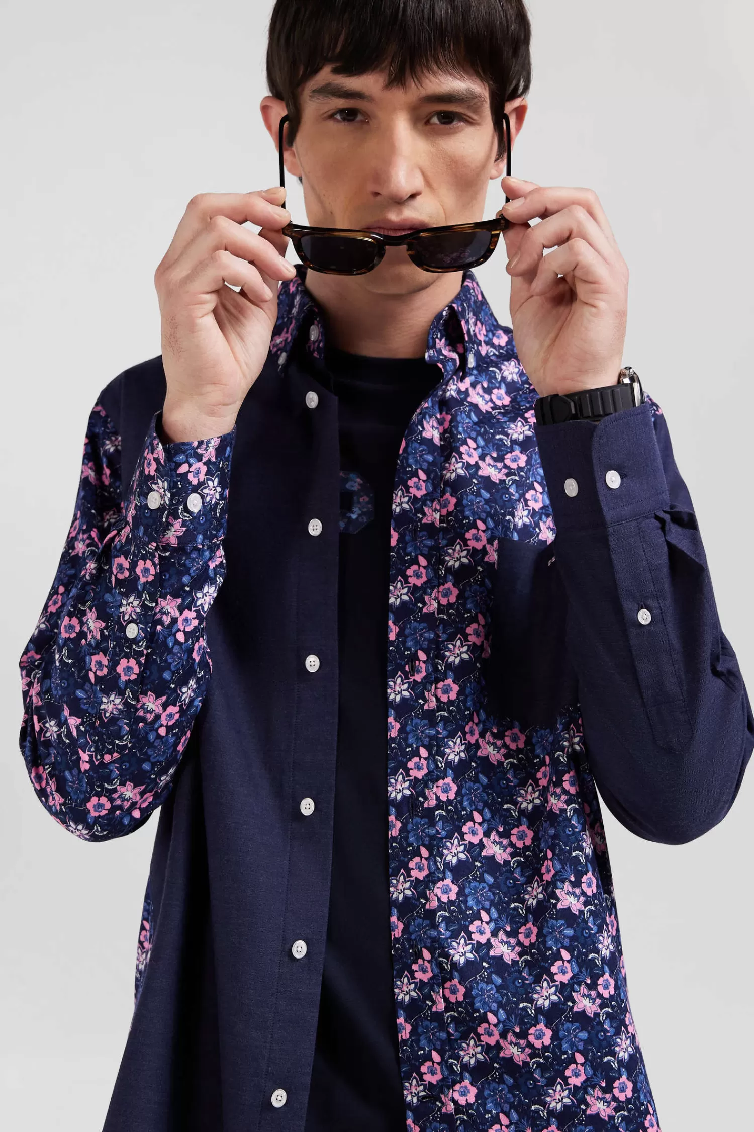 Eden Park Regular navy blue cotton twill shirt with micro floral print< Shirts