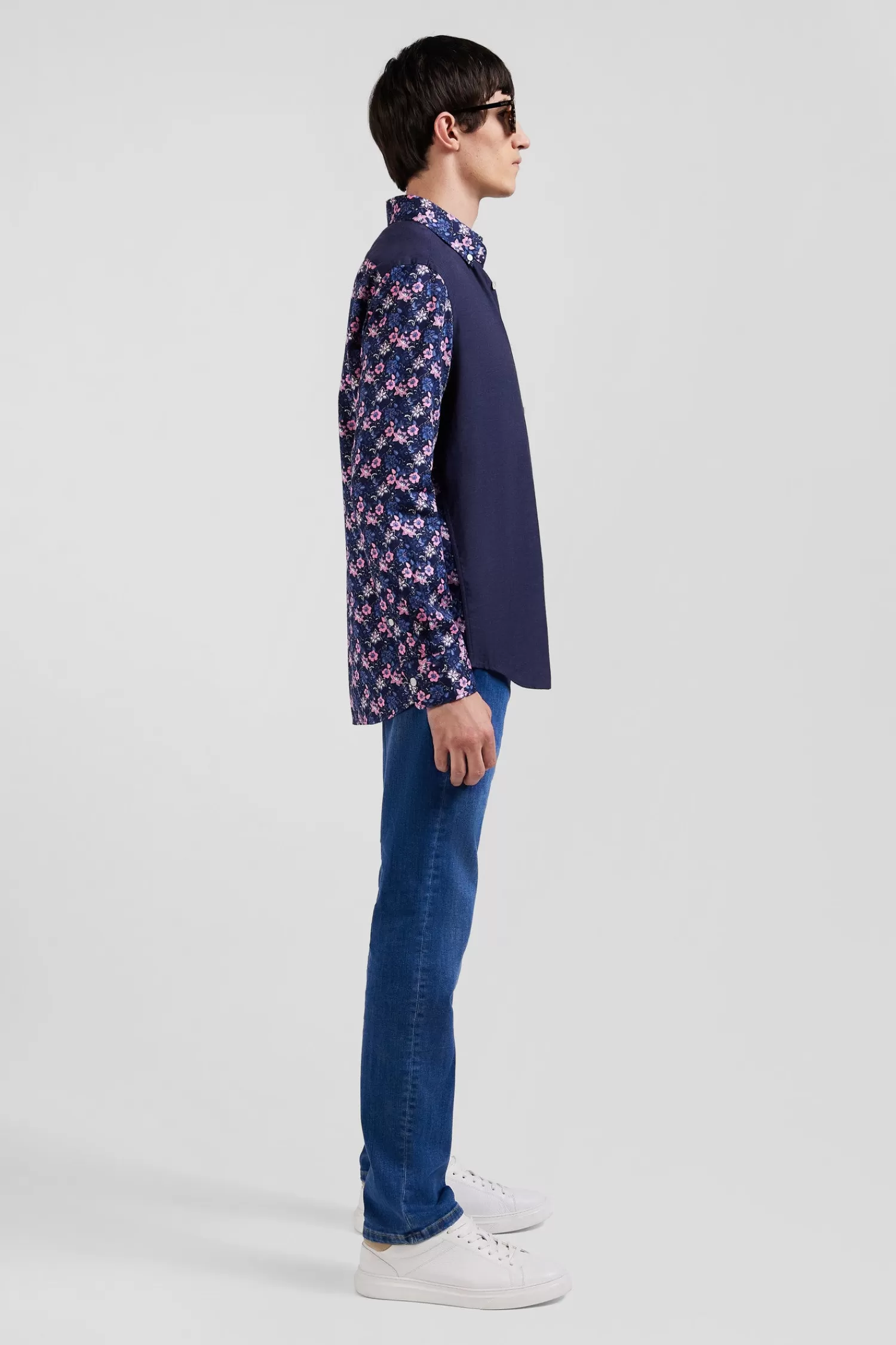 Eden Park Regular navy blue cotton twill shirt with micro floral print< Shirts