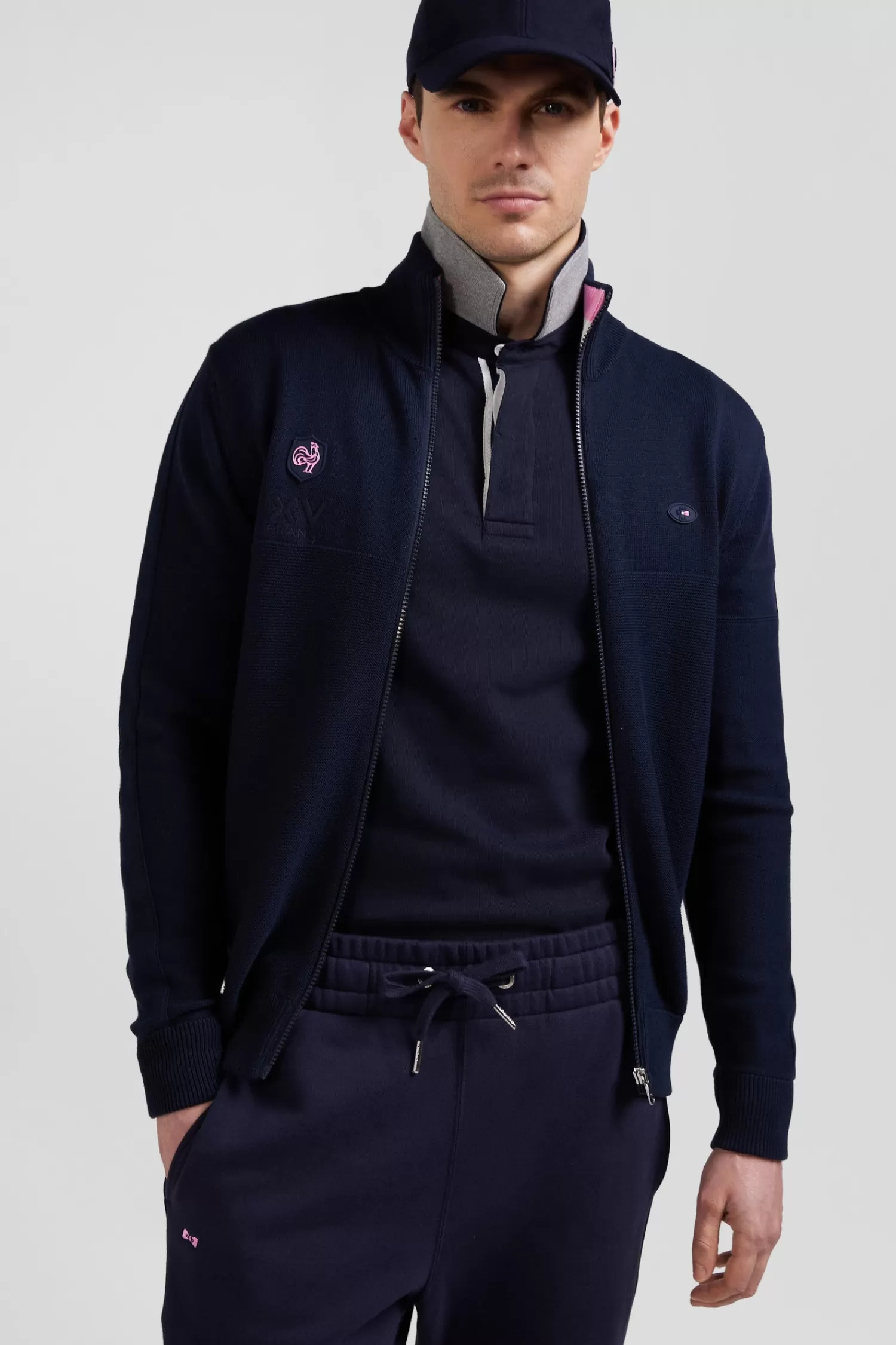 Eden Park Regular navy blue cotton zipped cardigan with XV de France rubber badge and tricolour details< Cardigans