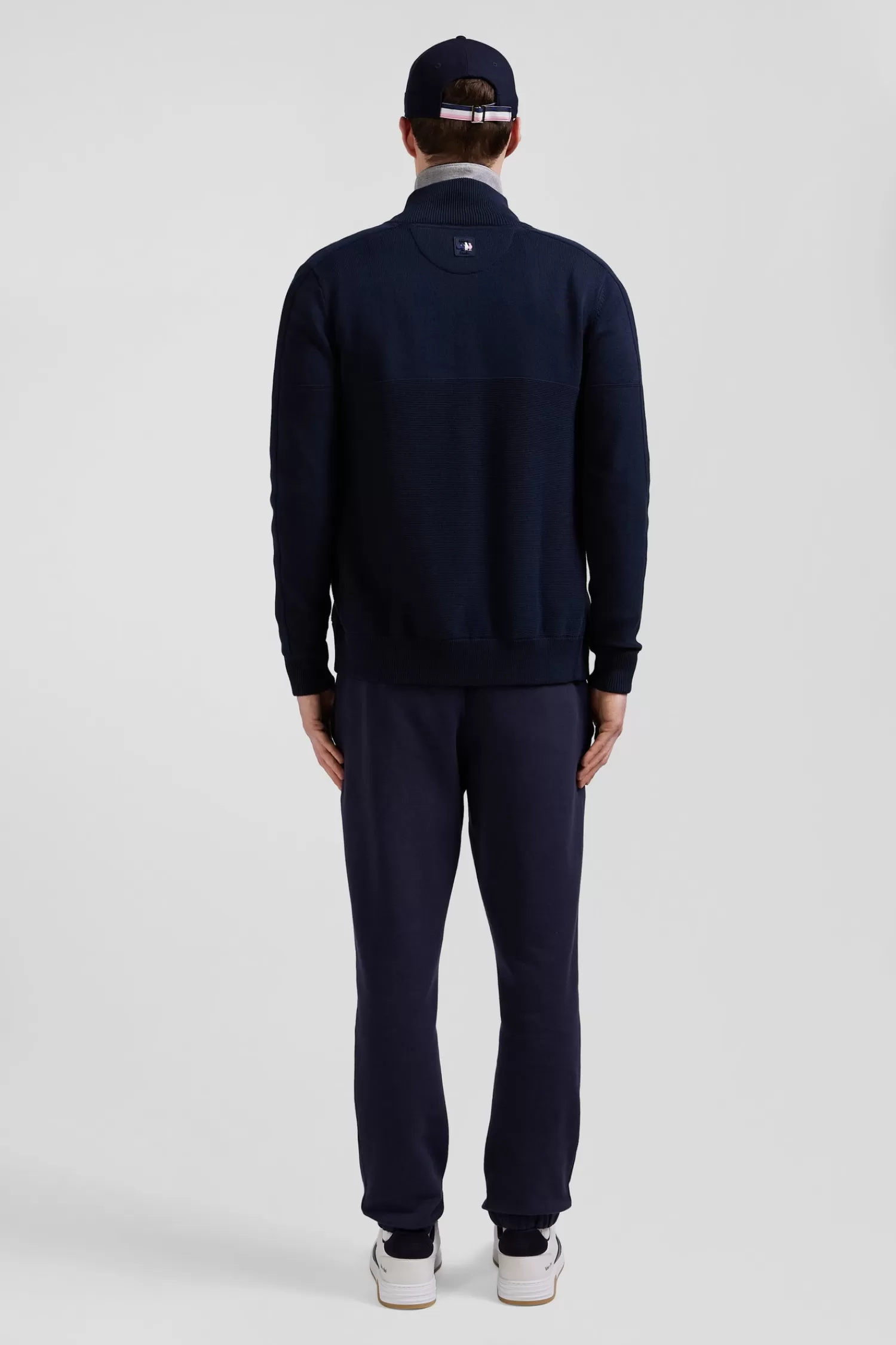 Eden Park Regular navy blue cotton zipped cardigan with XV de France rubber badge and tricolour details< Cardigans
